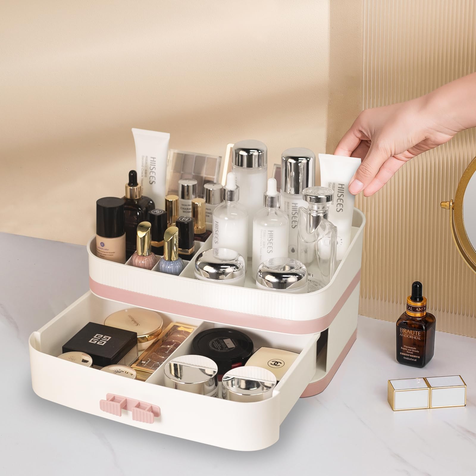 INVSSENE Large Makeup Organizer Countertop, Stackable Vanity Organizer with Drawer Cosmetic Organizer Tray, Make Up Organizers for Vanity, Makeup Storage Counter(Light Pink)