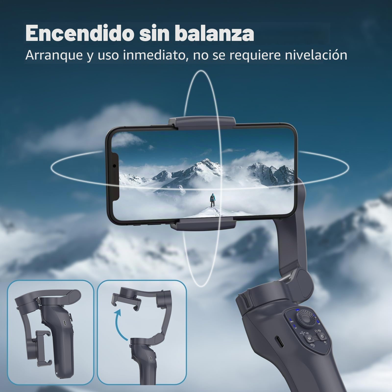 COMITOK L7C Pro - Estabilizador de cardán de 3 ejes para smartphone, seguimiento de cara/objetos, cardán plegable para iPhone, negro, conector USB, compatible con smartphones de hasta 0,3 kg y 7