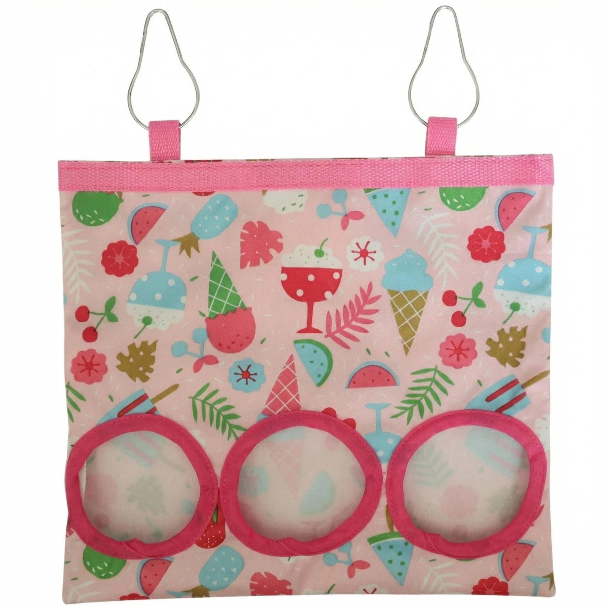 3-Hole Hanging Hay Bag with Ice Cream Pattern Large Storage Capacity Hay Feeder with Durable Fabric for Guinea Pigs Bunny Chinchilla and Small Pets Cage Accessories Waterproof and Easy to Clean