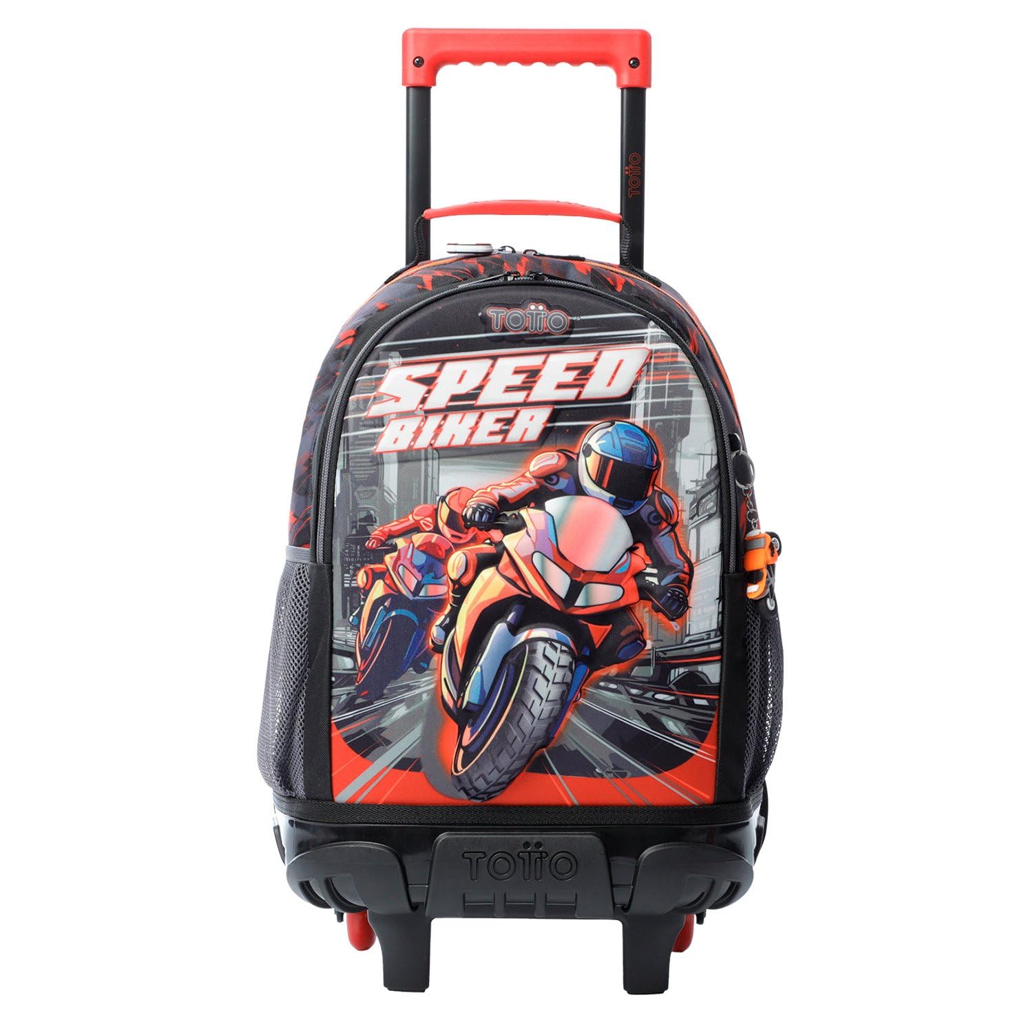 TOTTO - Mochila Escolar con Ruedas, Modelo Speed Biker M, Mochila Mediana, Capacidad 23 L, 2 Compartimentos, 2 Bolsillos Botella, Protección en la Base, Cómodas Correas Ajustables, Color Rojo