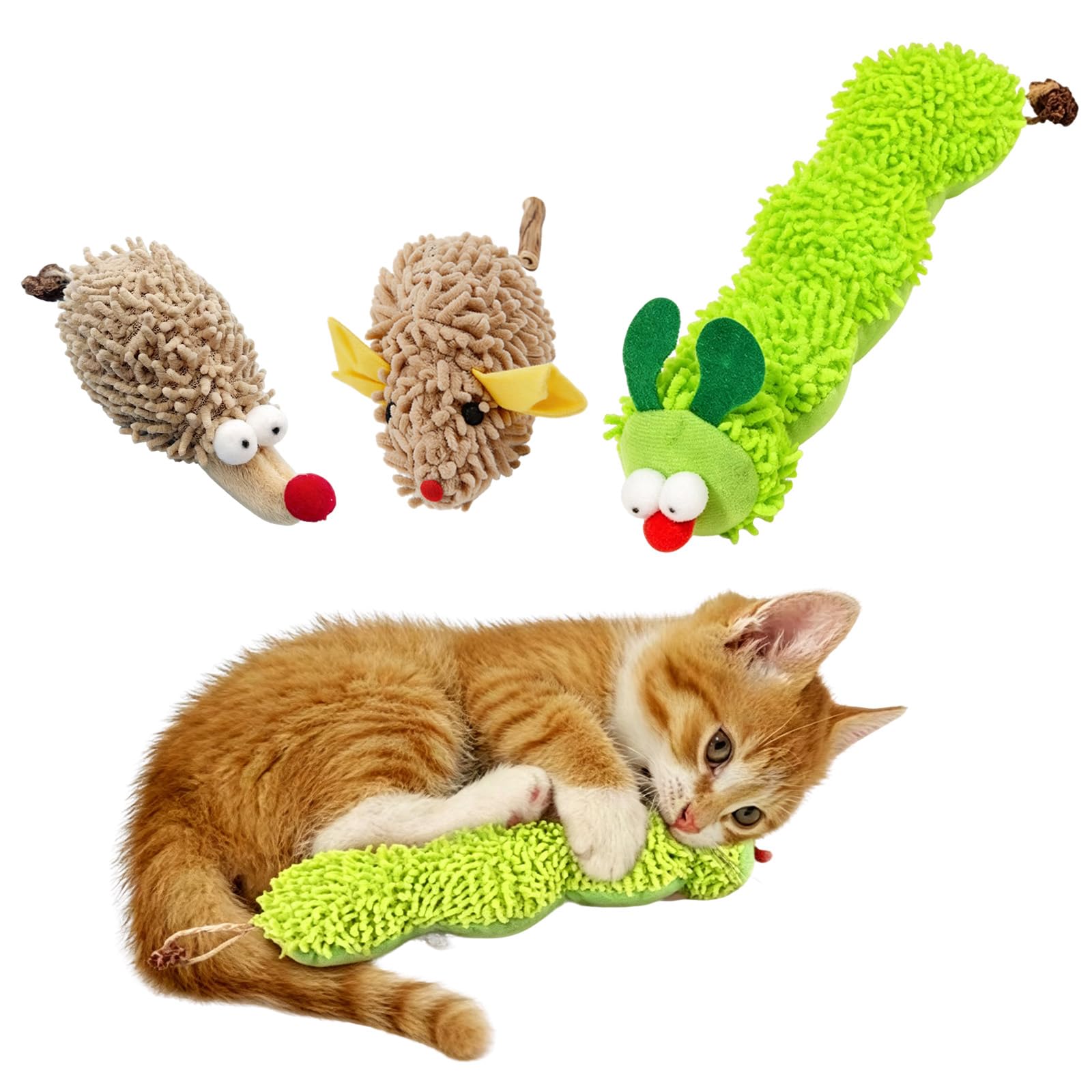 Rndqw 3 Pack Cat Toys for Indoor Cats Kitten, Kitten Toys, Paw Relief Cat Toy, Interactive Catnip Toy with Bite-Resistant Caterpillar Mouse Hedgehog Design for Teeth Cleaning and Play