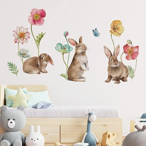 Miniatura 3 de Mfault Calcomanías de pared de conejo de Pascua calcomanías de flores de amapola para decoración de habitación de sala de estar dormitorio