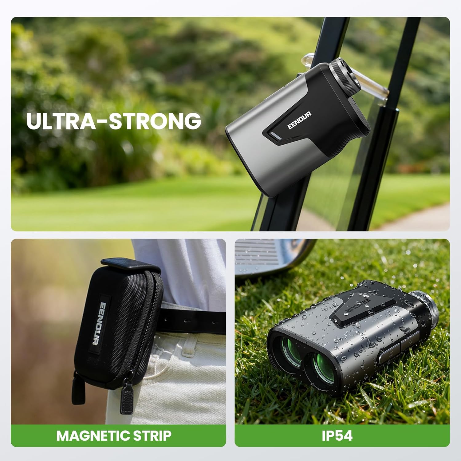 Three images showing the EENOUR U1200 Golf Rangefinder: attached magnetically to a golf cart, stored in its carrying case on a belt, and lying on wet grass to demonstrate its IP54 water resistance.