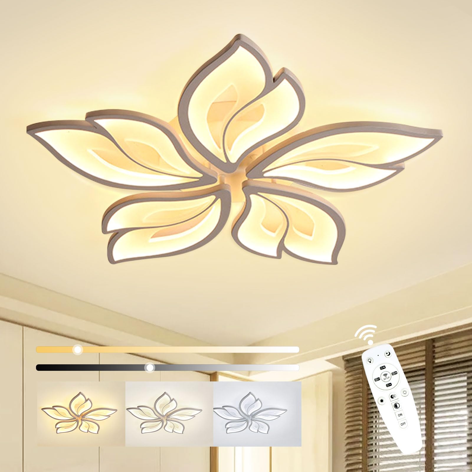 Sky angle Plafoniera LED ad angolo di cielo con telecomando, lampada da camera da letto dimmerabile, plafoniera da soggiorno dal design creativo a forma di fiore (5 teste/Ø63 cm/24,8 pollici)