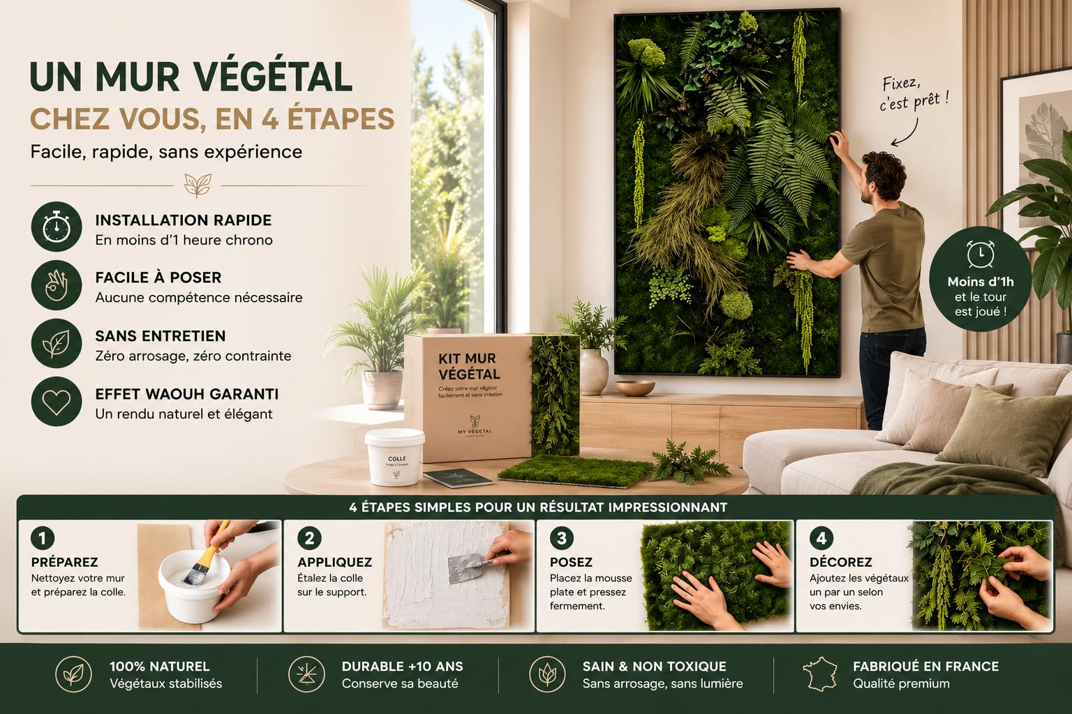 Mur Végétal stabilisé Intérieur JUNGLE Personnalisable - Kit DIY Facile avec Plantes Stabilisées Naturelles Sans Entretien - Décoration Murale Durable et Unique pour Salon, Bureau - Fabriqué en France