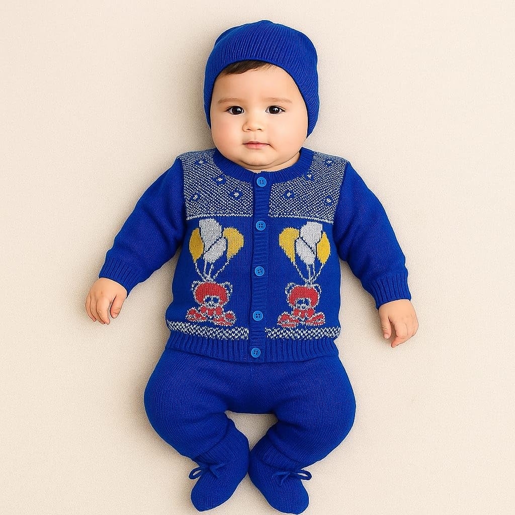 MOM & SON Baby Woolen Winter Wear Set for 0-6 Months | Knitted Sweater, Pant, Cap & Booties | Newborn Baby Woolen Dress Set for Boys & Girls | Warm Winter Clothing Combo (0-6 Months) - Image 2 thumbnail