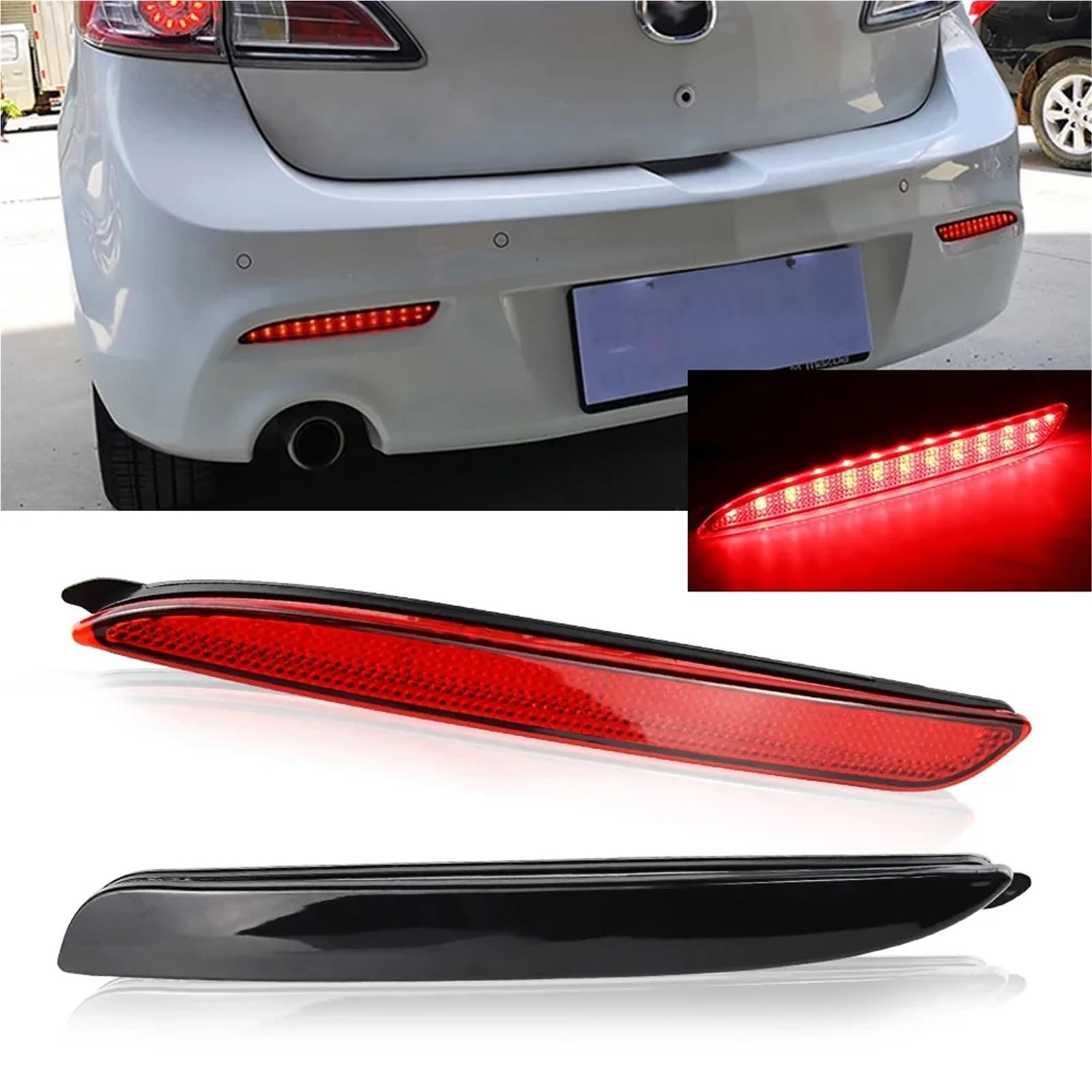 LED Car Reflector Tail Brake Lights Compatible with Mazda 3 2010 2011 2012 2013 2014 2015 Rear Bumper Warning Fog Lamp Accessories 2PCS(2pcs RED LENS)