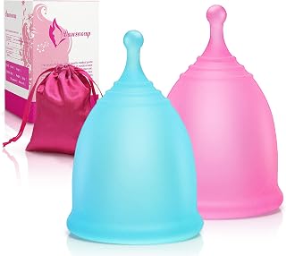 Reusable Menstrual Cups Set of 2; Feminine Menstruation Period Cup Comfortably use for 12 Hours; Easy to Clean Menstrual Cup for Regular Heavy Flow (Large, Pink & Blue)