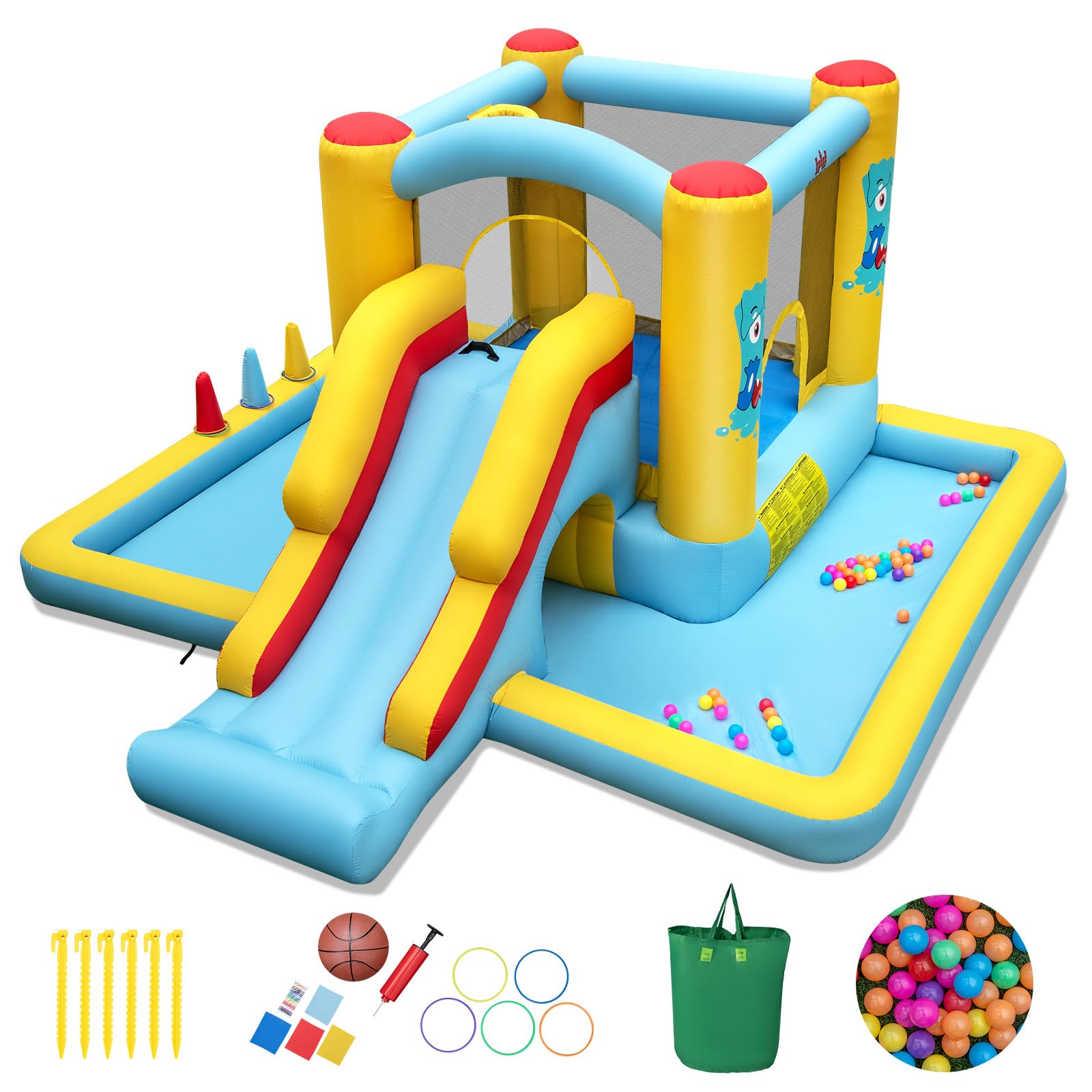 COSTWAY Castello Gonfiabile 7 in 1 per Bambini con Scivolo, Castello Gonfiabile con Mongolfiera, 50 Palline, Anelli e Basket, Gioco Gonfiabile da Interno ed Esterno, per Bambini da 3 a 10 Anni