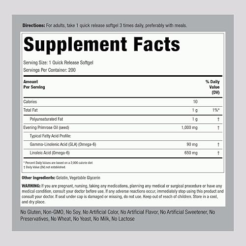 Miniatura 2 de Piping Rock Cápsulas de aceite de onagra de 1000 mg  200 cápsulas blandas  Suplemento prensado en frío  Sin OMG, sin gluten