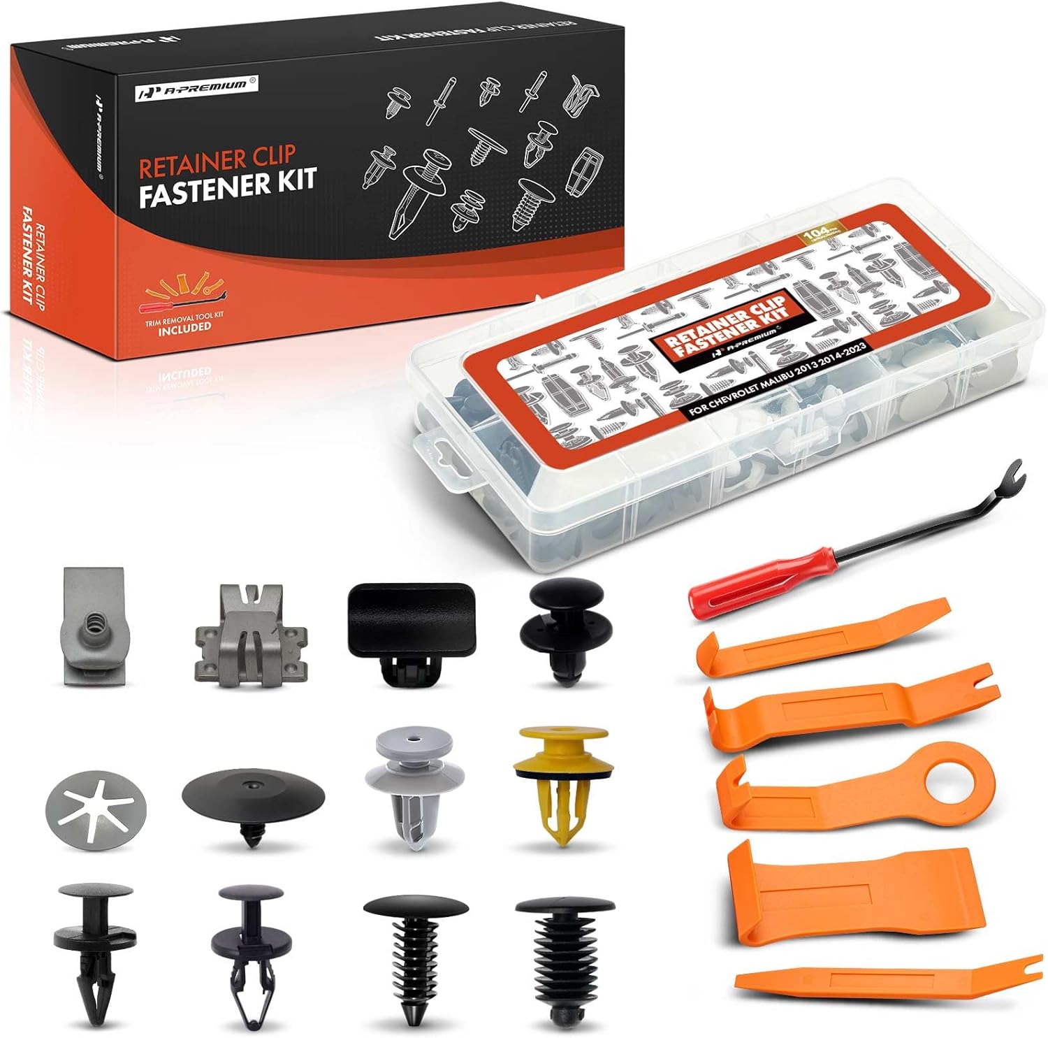 A-Premium 12 Sizes 26.4oz Hood Fender Bumper Retainer Clips Kit Compatible with Chevrolet Malibu 2013-2023 Radiator Door Trim Car 104PCS Plastic Rivets Fasteners Push Retainer Kit, w/Removal Tool