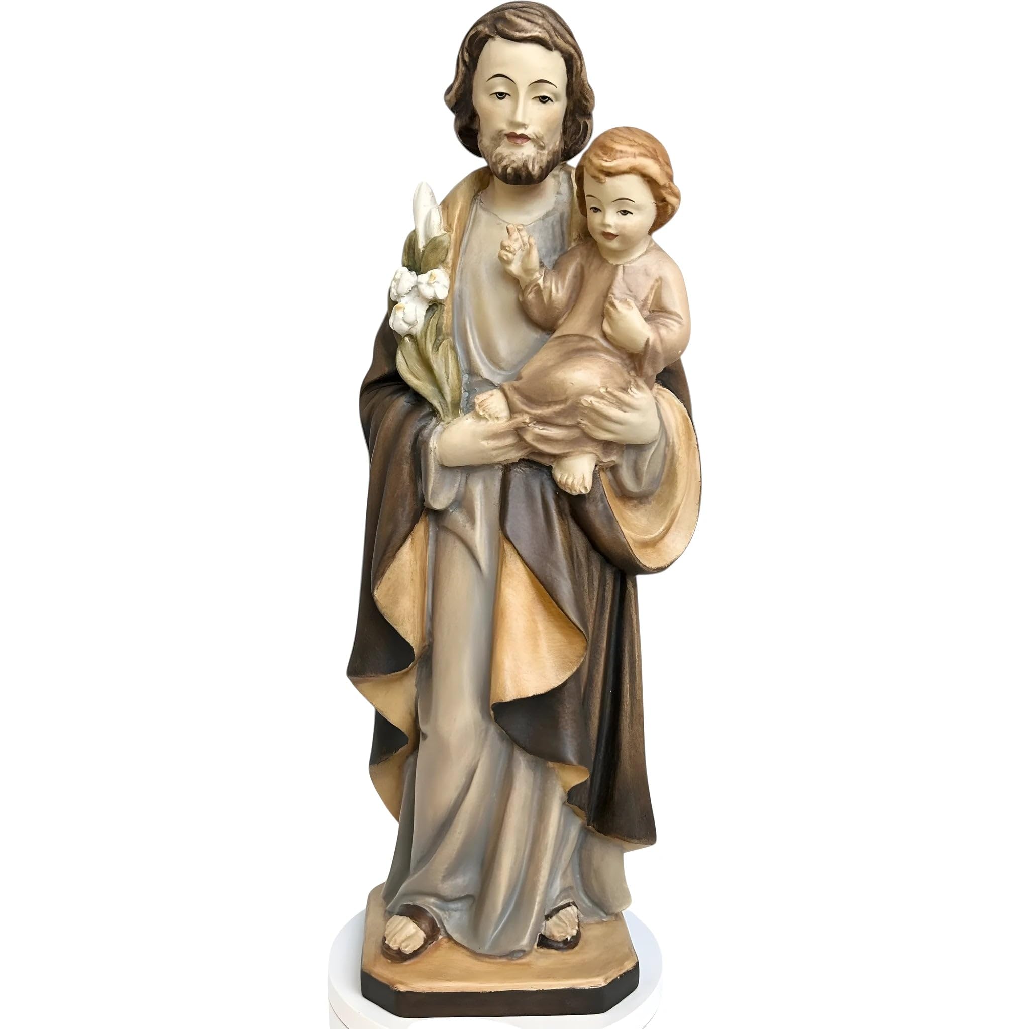Heiliger Josef mit Jesuskind und Lilie aus Holz 12 cm | Naturholz in Gröden | Krippenfigur