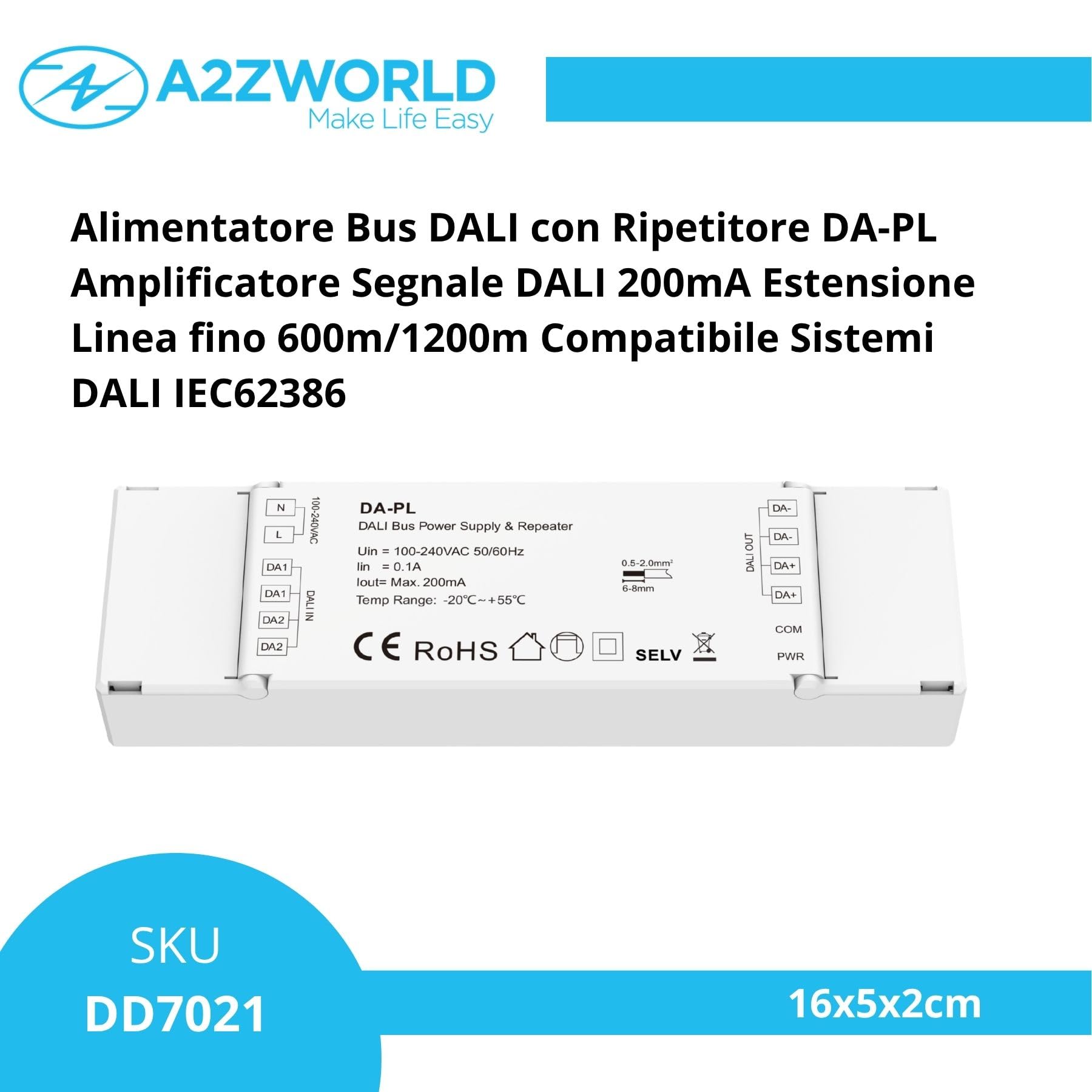 DALI Bus-Netzteil mit integriertem Repeater, Eingang 220 V Ausgang max. 200 mA, Verlängerung der Dali-Linie bis zu 1200 m (4 Netzteile in Serie), Repeater Bidirektionaler Signalverstärker, DA-PL
