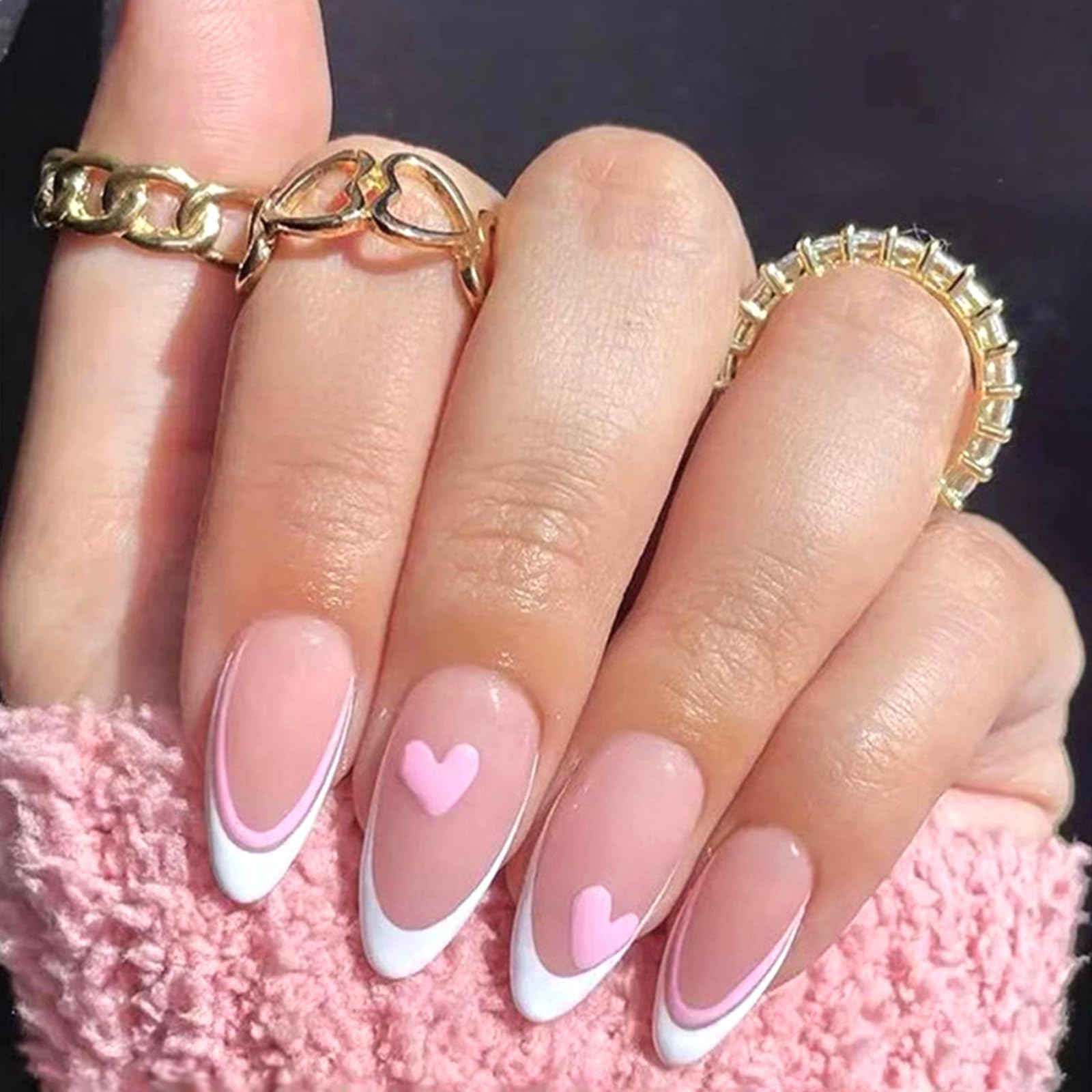 EternalClassic White French Tip Medium Almond Fake Nails with Glue - Pink Heart Design, Glossy Acrylic Press Ons with Line Design - Full Cover Glue on