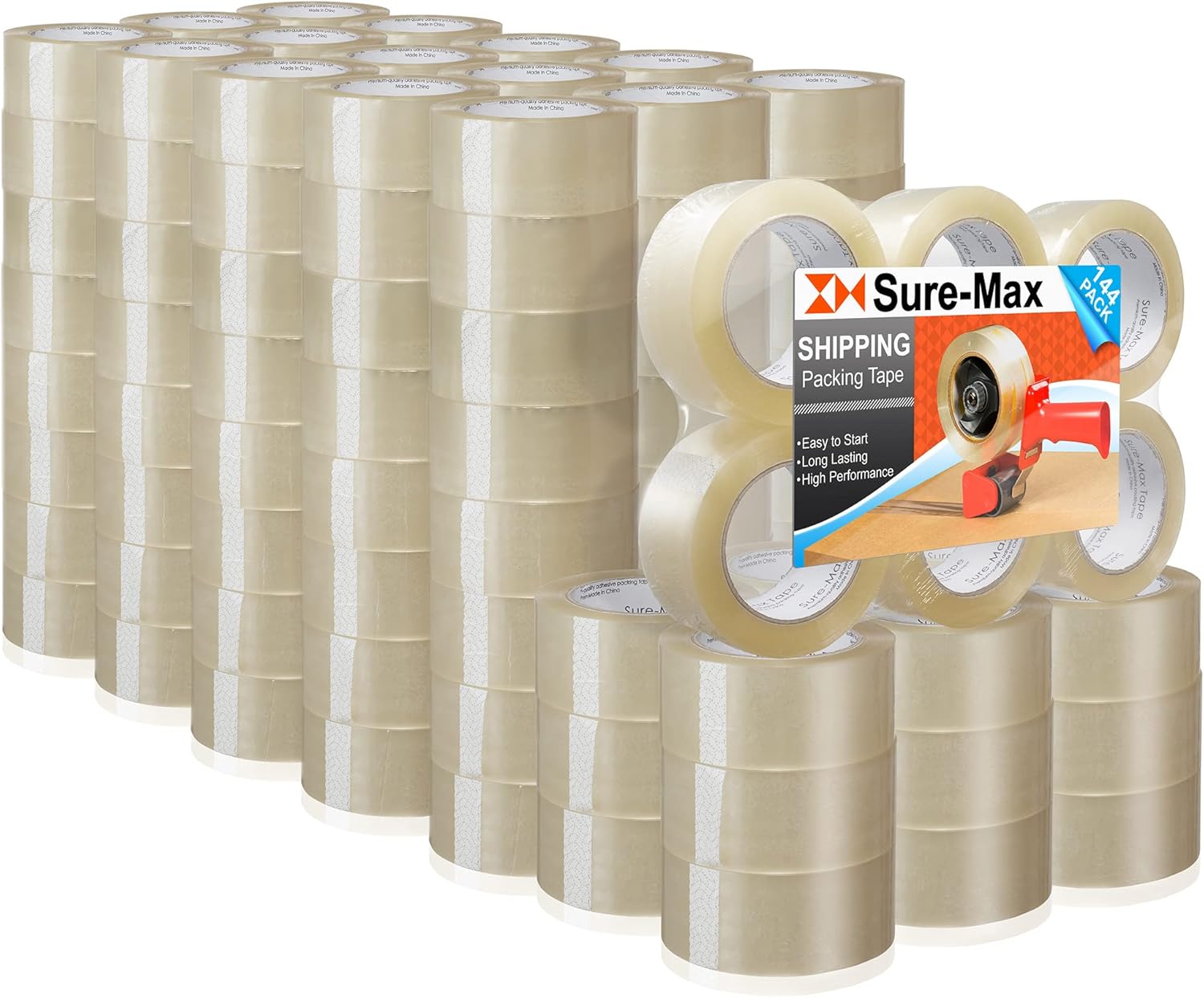 Sure-Max Premium Carton Packing Tape 2.0 mil 330 Feet (110 Yards) - Clear - 4 Cases (144 Rolls Total)