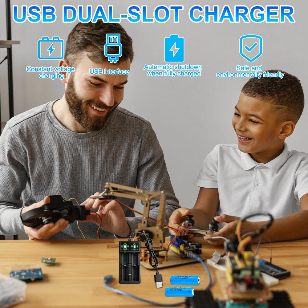 Battery Charger Set with 2 Pack 3.7V 2200mAh Battery Button Top Li-ion, 2-Bay 3.7V, Li-ion Rechargeable Batteries for 18500 21700 26650 14500 16340 10440 18650 (2 Pack) — view 5