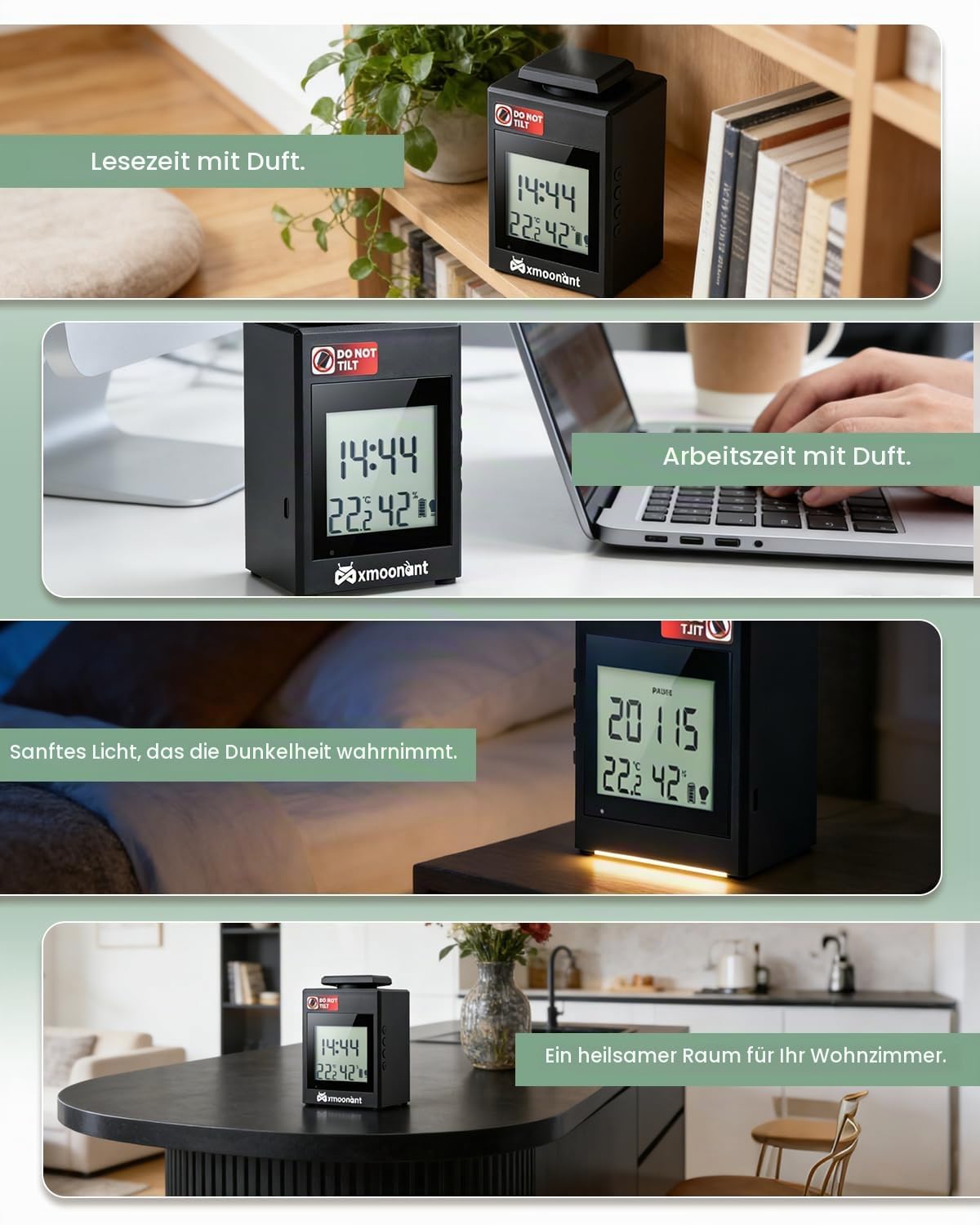 Mxmoonant wasserlose Duftmaschine,100ml Flaschen | Steuerung per App & Tasten, Temp.- & Feuchtigkeitsanzeige, digitale Uhr, Nachtlicht, für Schlafzimmer & Büro
