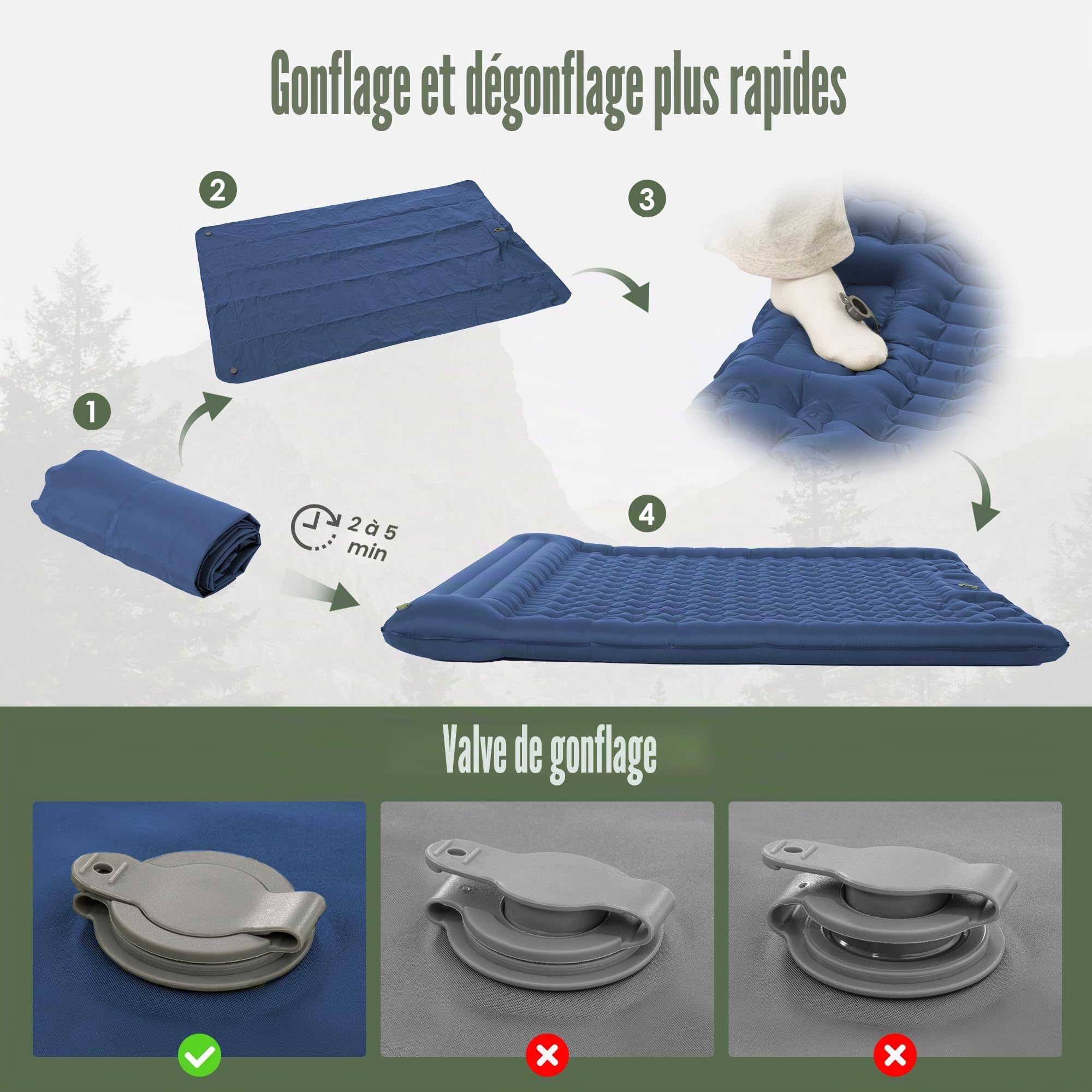 ROPODA Matelas de camping , ultra léger avec oreiller, pompe à pied intégrée, lit double imperméable avec sac de transport pour randonnée, voyage, bleu