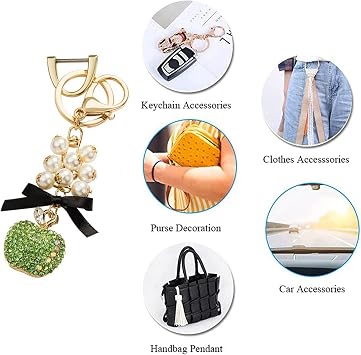 Gold Tone Cute Rhinestone Apple Shaped Keychain, Apple and Bow Bag Charms Handbag Accessories Key Fob for Women Girls