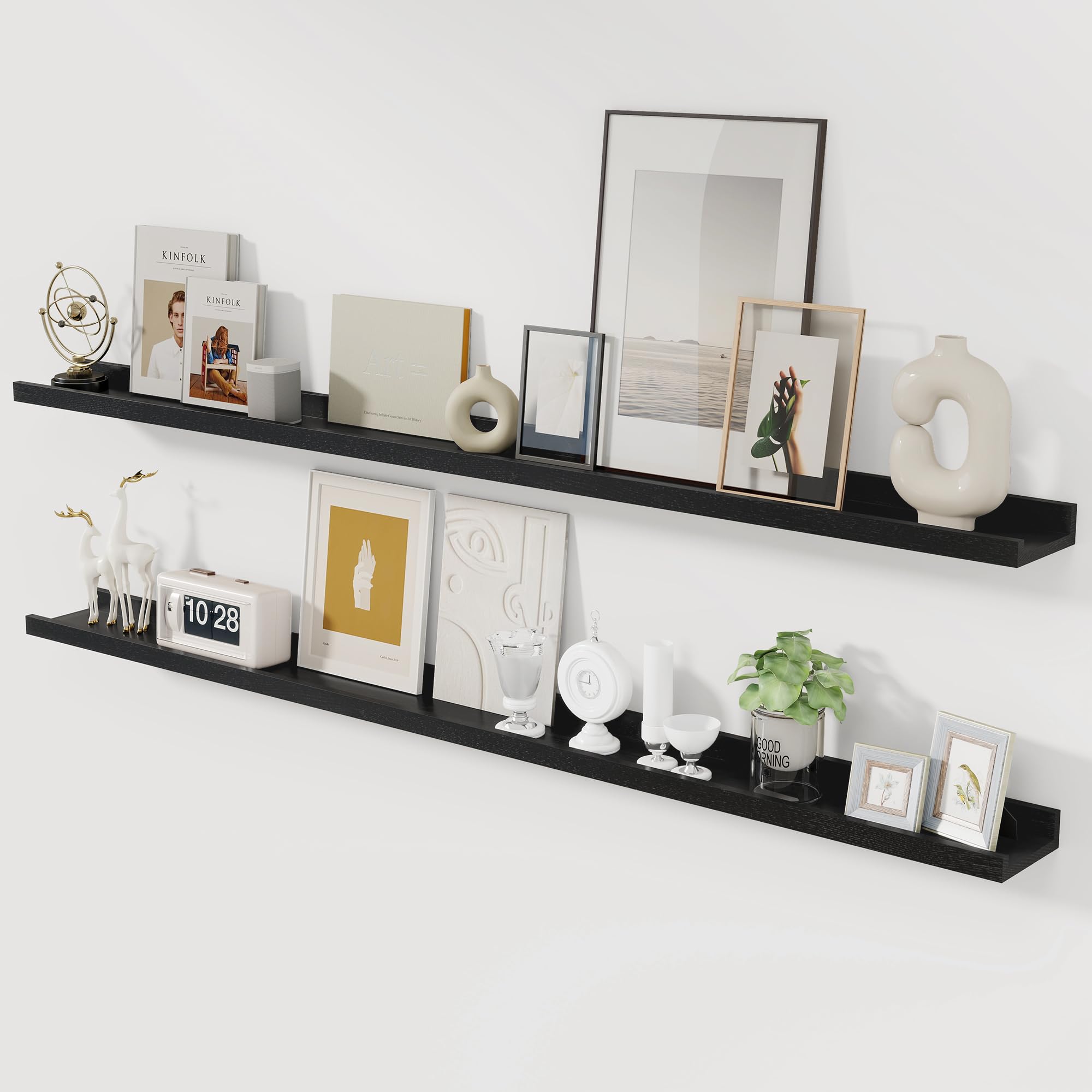 Acovy Solid Oak Wood Picture Ledge Shelf, 56 Inch, Black, Set of 2