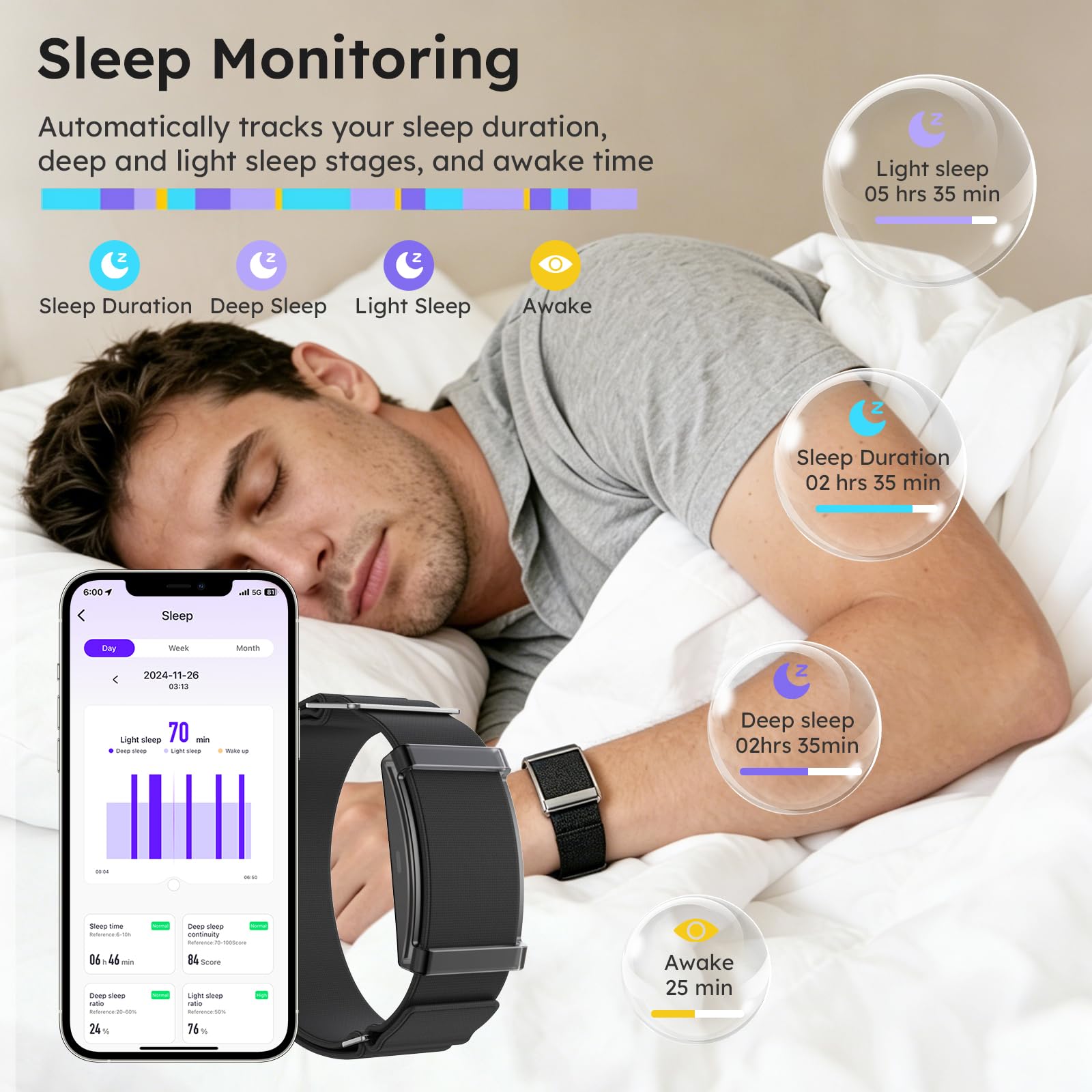findtime Monitor de ritmo cardíaco del sueño, ultraligero, contador de pasos, calorías, modos deportivos, rastreador de actividad sin pantalla, para teléfonos Android iOS, hombres y mujeres, pulsera