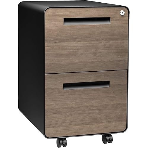 Laura Davidson Furniture Stockpile 2 Drawer Mobile File Cabinet with Lock - Under Desk Metal Filing Cabinet, Legal/Letter File Folders, Wheels and Stationary Feet, Pre-Assembled, Black/Wood