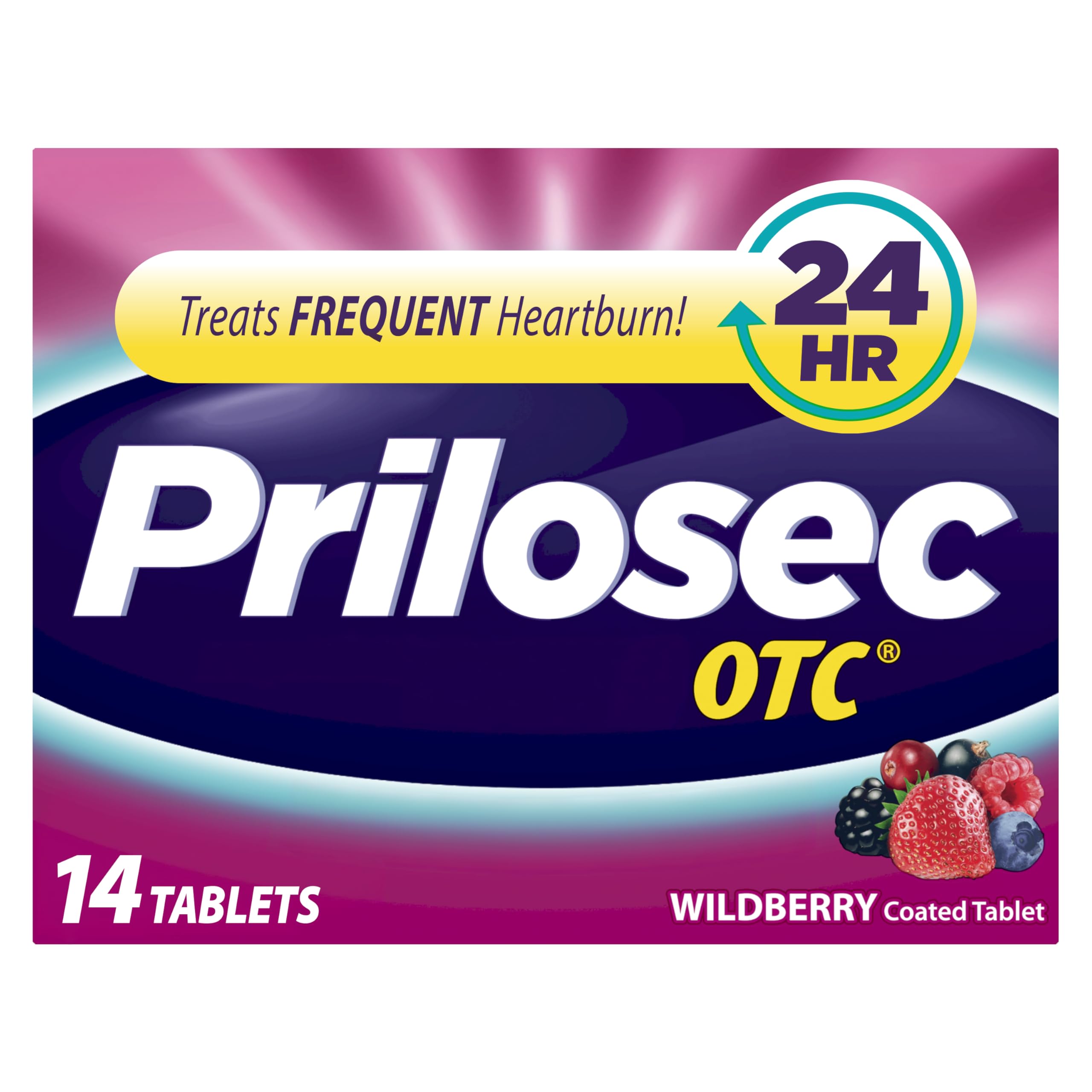 Prilosec OTC, Omeprazole Delayed Release 20mg, Acid Reducer, Treats Frequent Heartburn for 24 Hour Relief, All Day, All Night*, Heartburn Medicine, 20mg, Wildberry Flavor, 14 Tablets