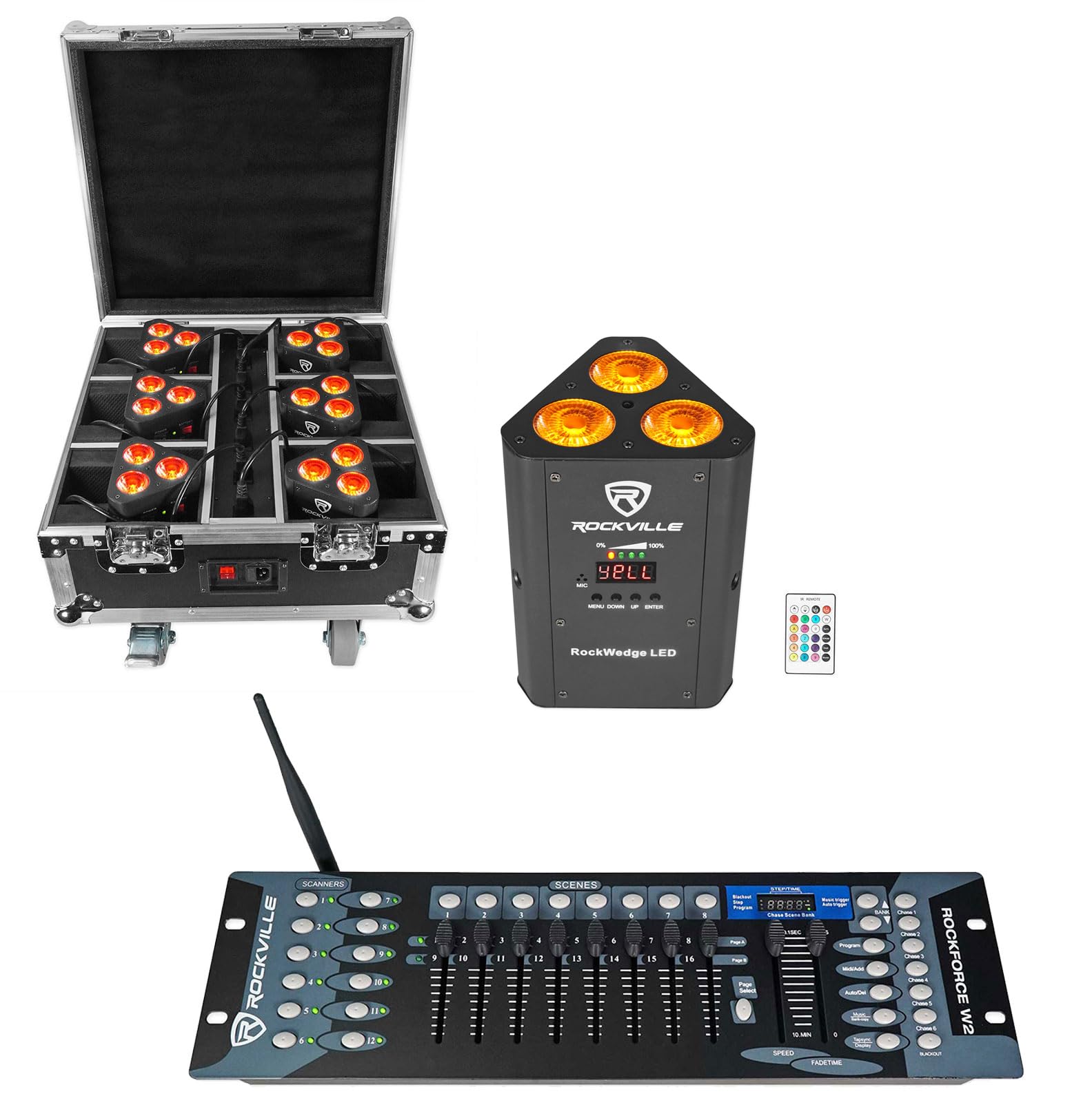 Rockville ROCKWEDGE Package Black 6 Battery Lights+Case+Wireless DMX Controller