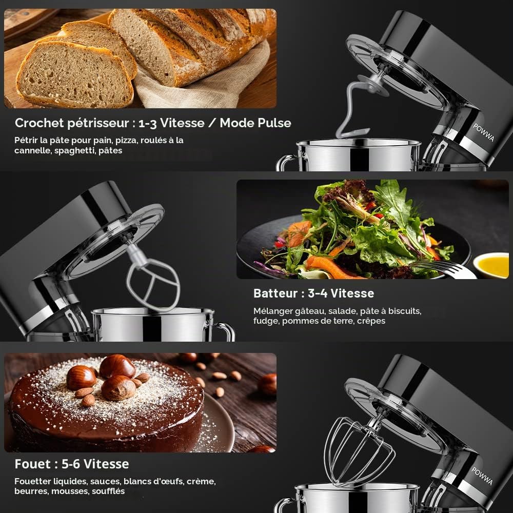 Robot Pâtissier, POWWA 1500W Pétrin Professionnel, Silencieux Robot de Cuisine Multifonctionn Pétrisseur avec Batteur Électrique, Batteur, Fouet, Couvercle, Bol 5.5 L (Noir)