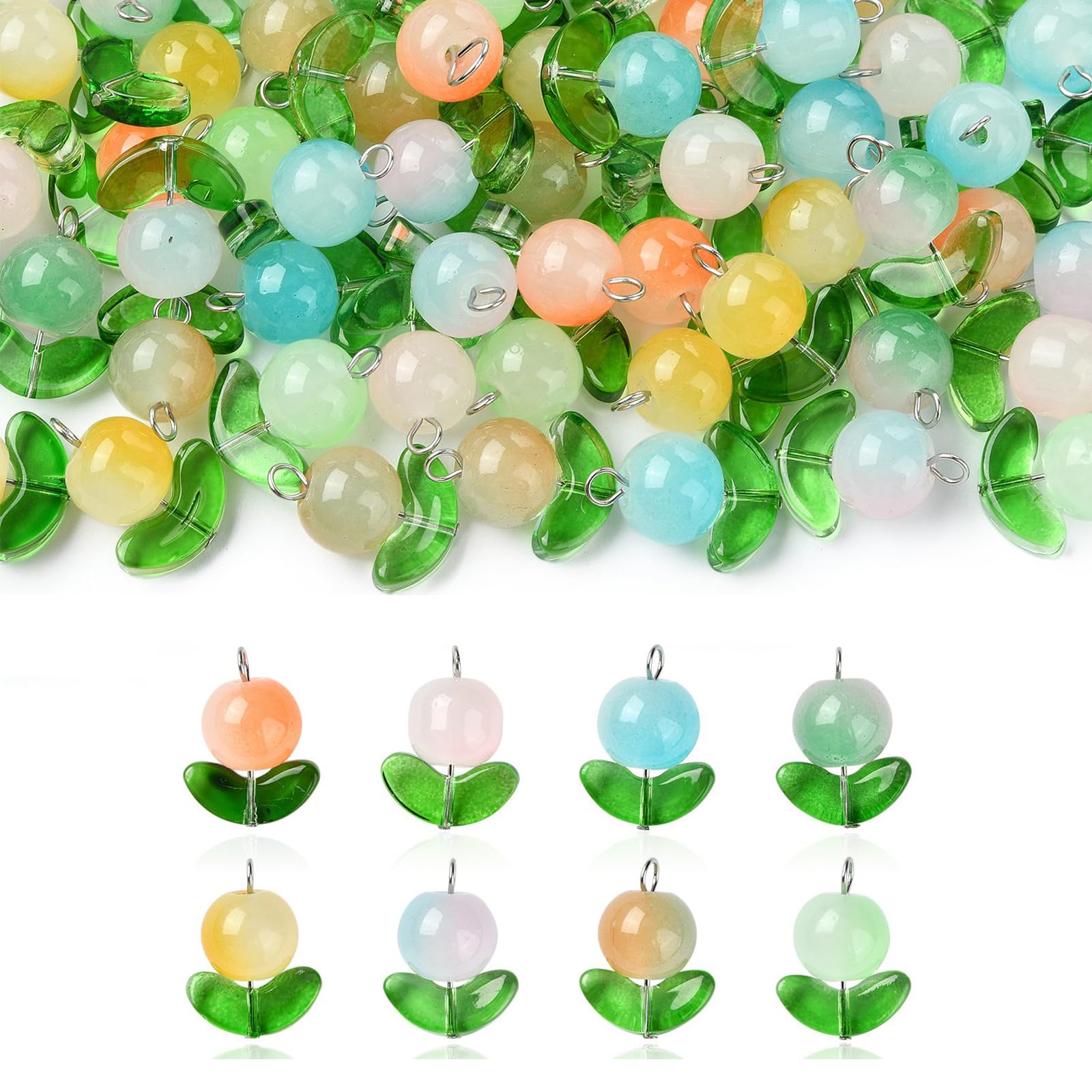 Stiesy 80Pcs 8 Colors Glass Flower Charms Pendants with Green Leaf Glass Beads Charm Imitation Jelly Round Bead Floral Plant Charms for DIY Jewellery Crafts Bracelet Necklace Earrings Making