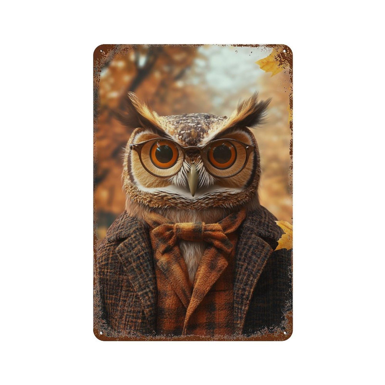 Autumnal Owl in Plaid Coat Rust Effect Tin Sign 11.8"x7.9", Vintage Wall Decor for Pub, Kitchen And Man Cave Decor