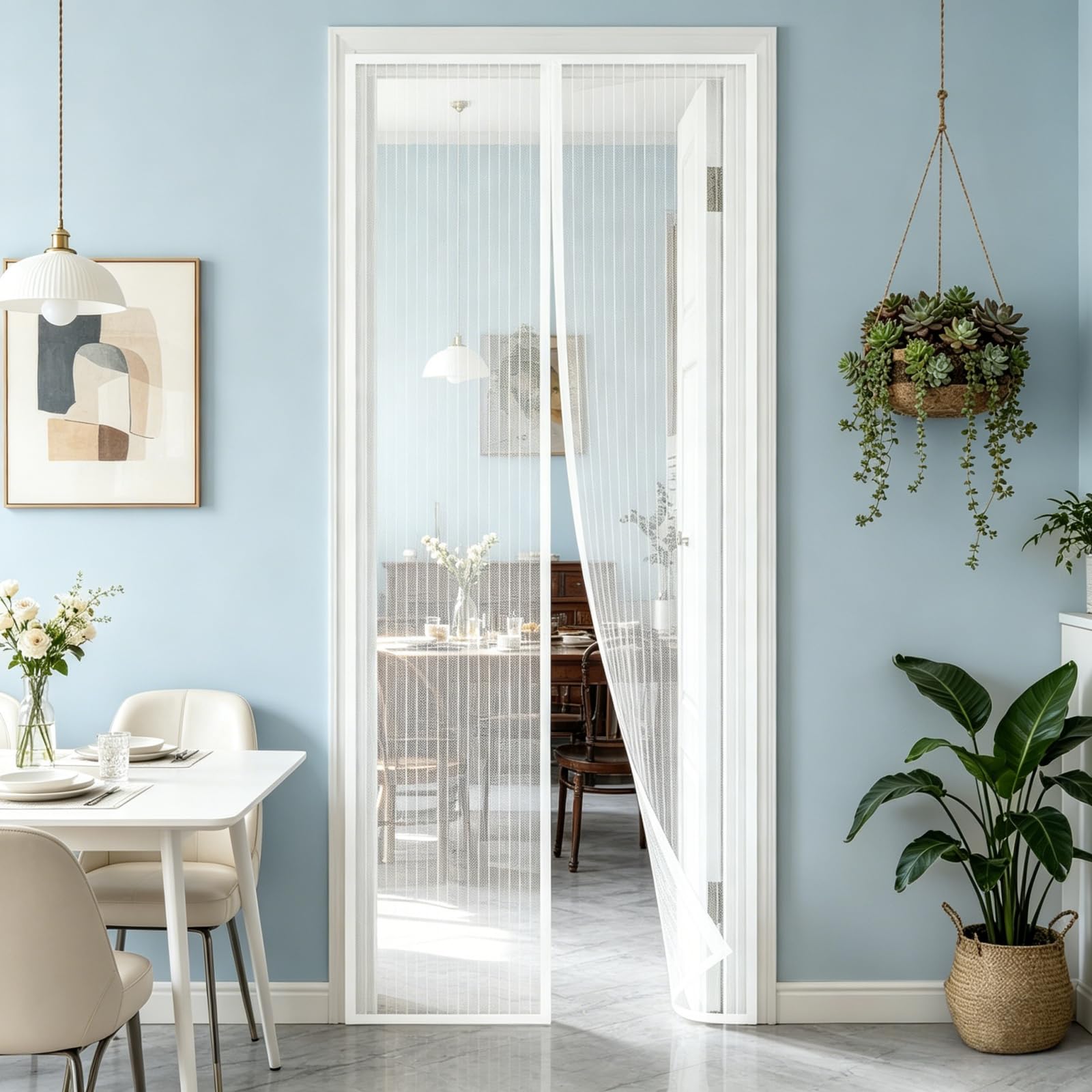 Magnetic Screen Door 155 x 265 cm Powerful Magnets Full Frame Magic Tape Patio Curtain Insect Mesh No Drill Installation Automatically Closes for Keeping Out Flies & Bug, White