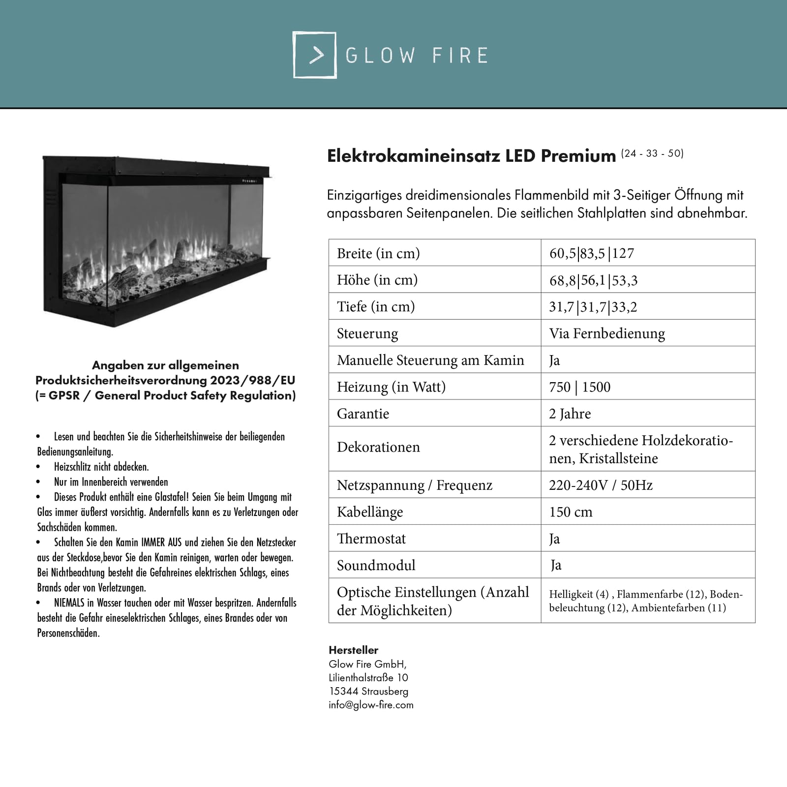 GLOW FIRE Kominek ścienny do telewizji CW5 otwarty lewy z realistycznym ogniem LED 3D E-Motion – stojący kominek elektryczny z ogrzewaniem, kominkiem i timerem, maks. 1500 W, 250 x 139,5 x 42,4 cm