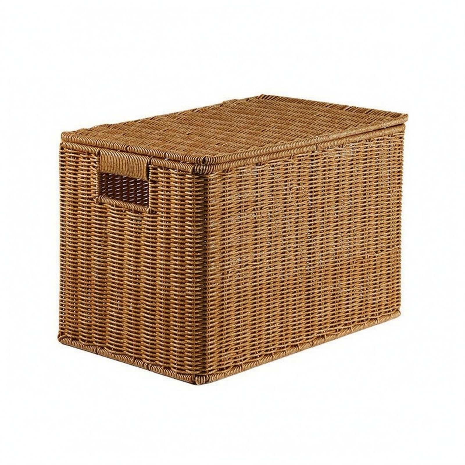 Kunststoffbox mit Grifföffnungen rechteckig geflochtene Aufbewahrungsbox staubschutz rechteckiger Weidenkorb für Wohnzimmer, Hellbraun, 50x35x31 Cm