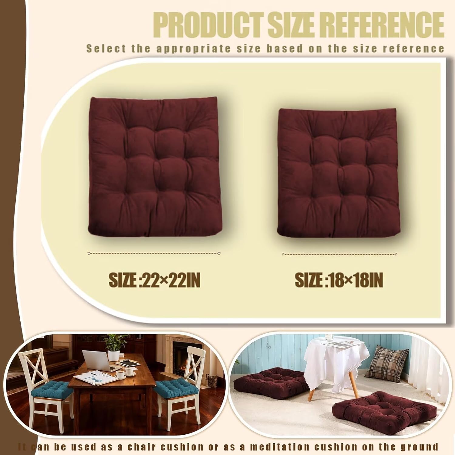 Floor Pillows Set Square Chair Cushion Pad Tufted Seat Cushions for Living Room Balconies Office Brown 18x18in