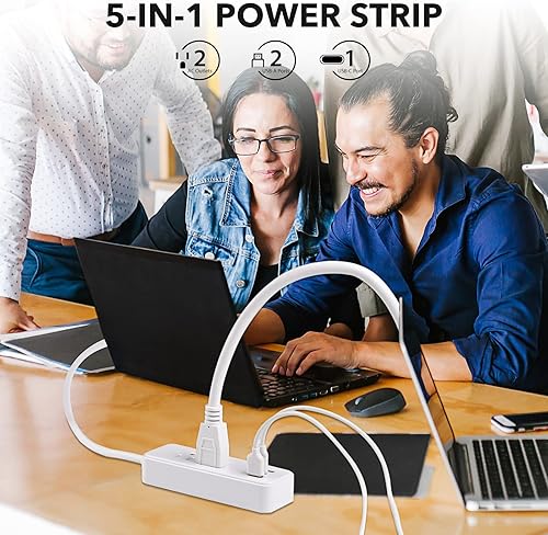 Miniatura 2 de Clear Power Regleta de alimentación de 2 salidas con 3 puertos USB (1 USB-C), enchufe plano, cable de alimentación de 6 pies, estación de carga de