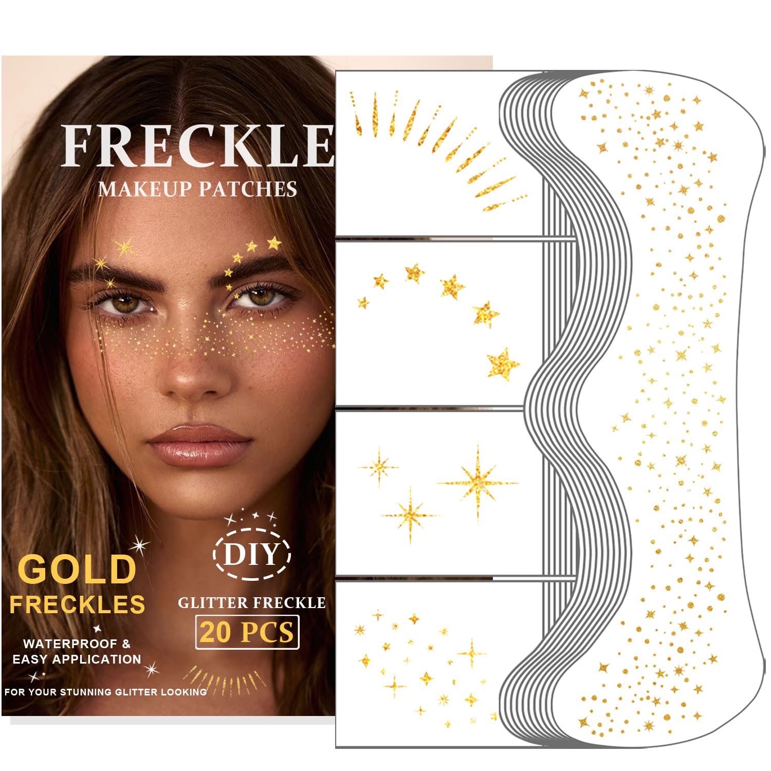20PCS Glitter Freckles Face Tattoo, Sparkle Freckles for Women and Kids, Cute Star Waterproof Gold Temporary Tattoos Glow Up Makeup Patches (Gold)