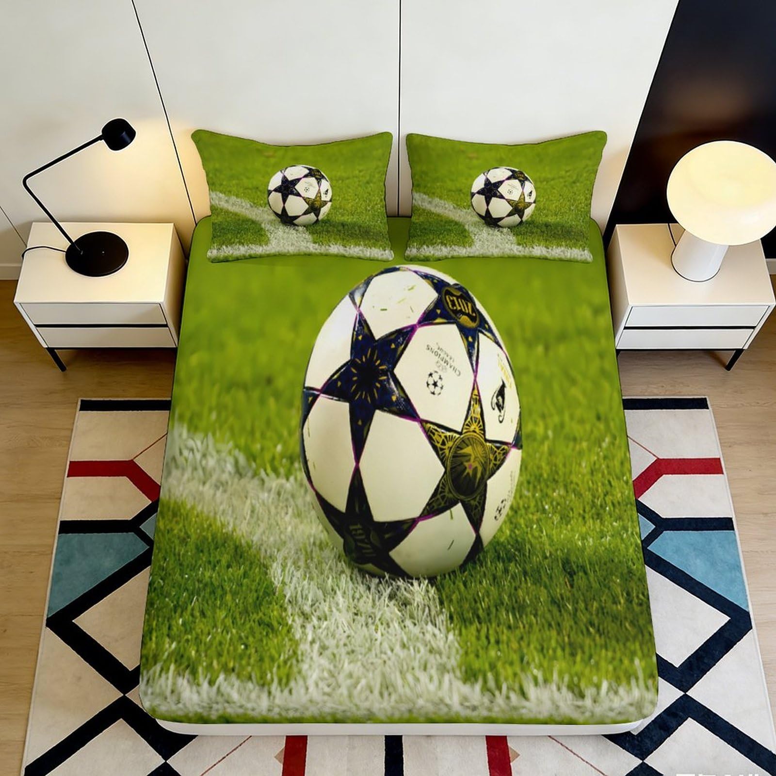 3D Printed Football Fitted Sheet Microfiber Deep Pocket Non-Slip Soccer Mattress Fitted Cover for Bedroom Adults Teens Washable 200x200x25cm