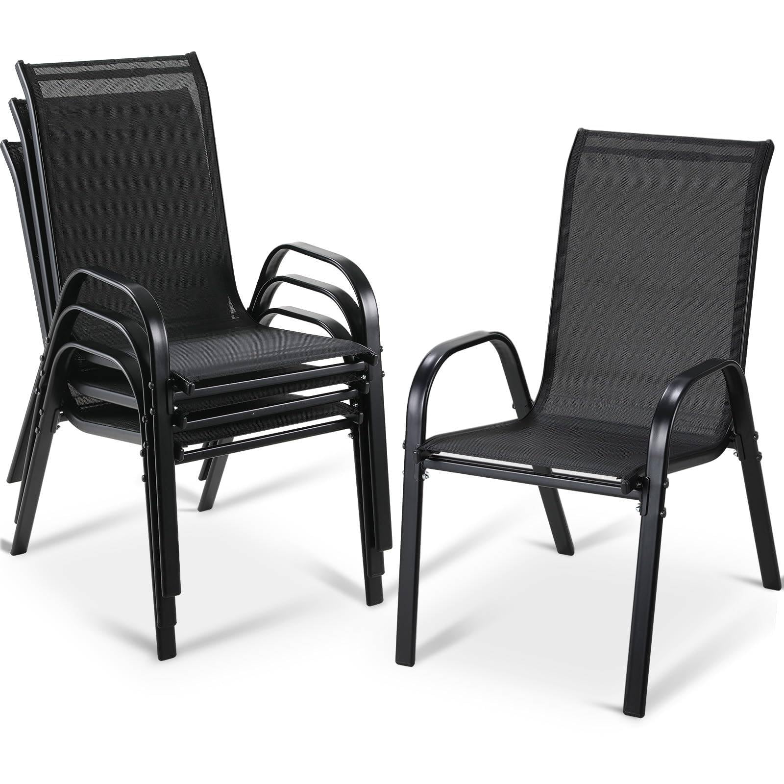 LIFERUN Stackable Garden Chairs with High Back, Set of 4 Dark Black, Armrests & Textilene Fabric, 150kg Capacity, Outdoor Chairs for Patio, Backyard, Balcony, Restaurant
