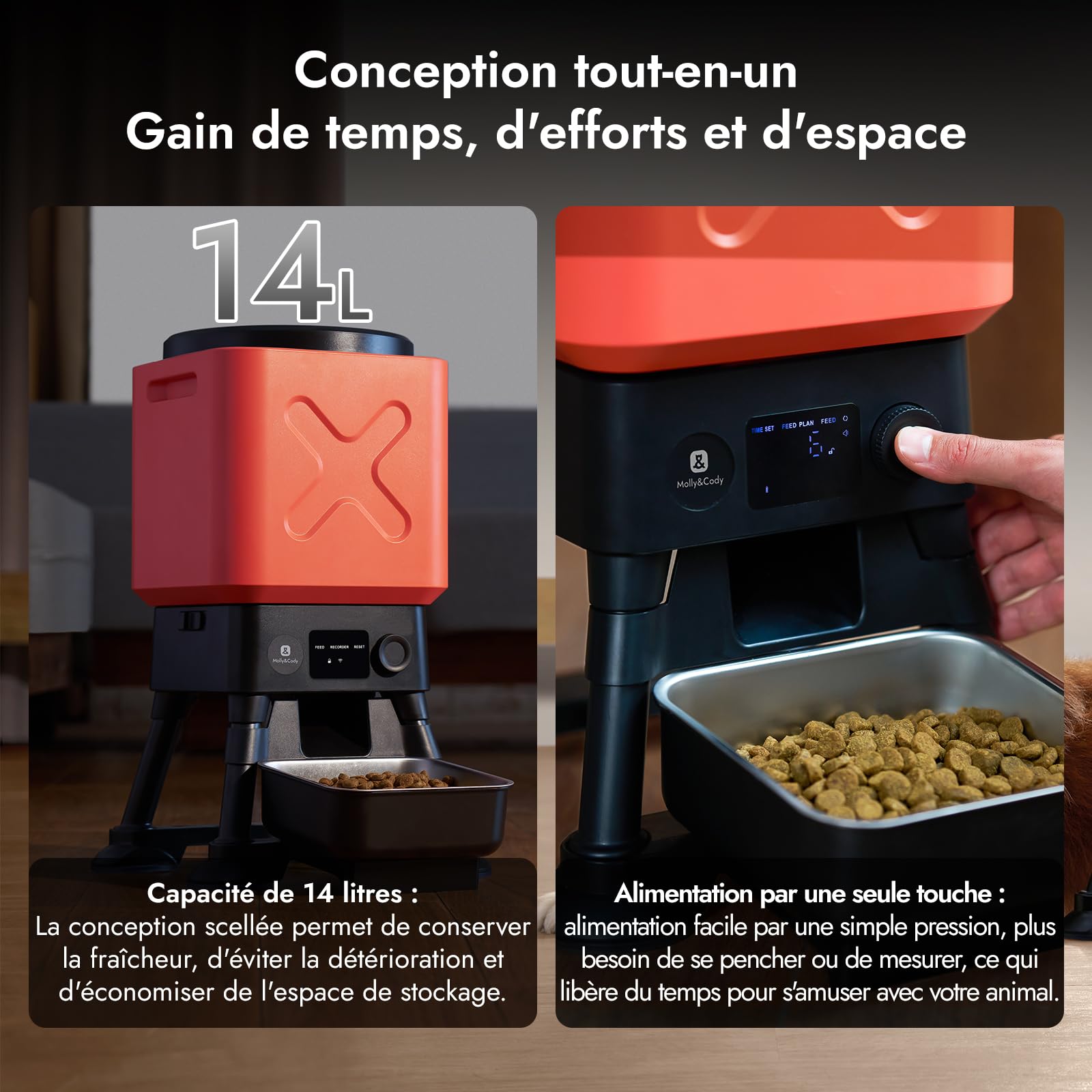 Molly&Cody Distributeur Automatique Croquette, 14L Grande Capacité Alimentateur Gamelle Automatique pour Animaux, Programmer 6 Repas, Acier Inoxydable Idéal pour Les Grands Chiens