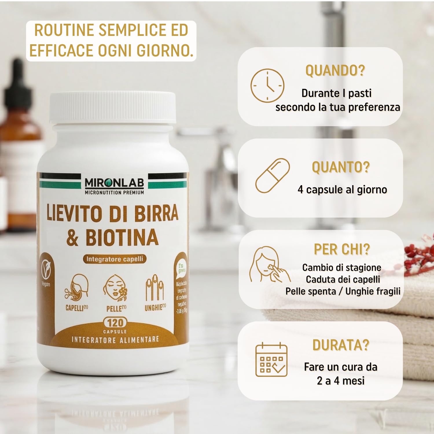 Lievito di Birra - Alto Dosaggio : 1640mg - Arricchito di Biotina Vitamine e Minerali - Integratore crescita capelli e Bellezza pelle e unghie - 120 Capsule : 1 mese - MIRONLAB