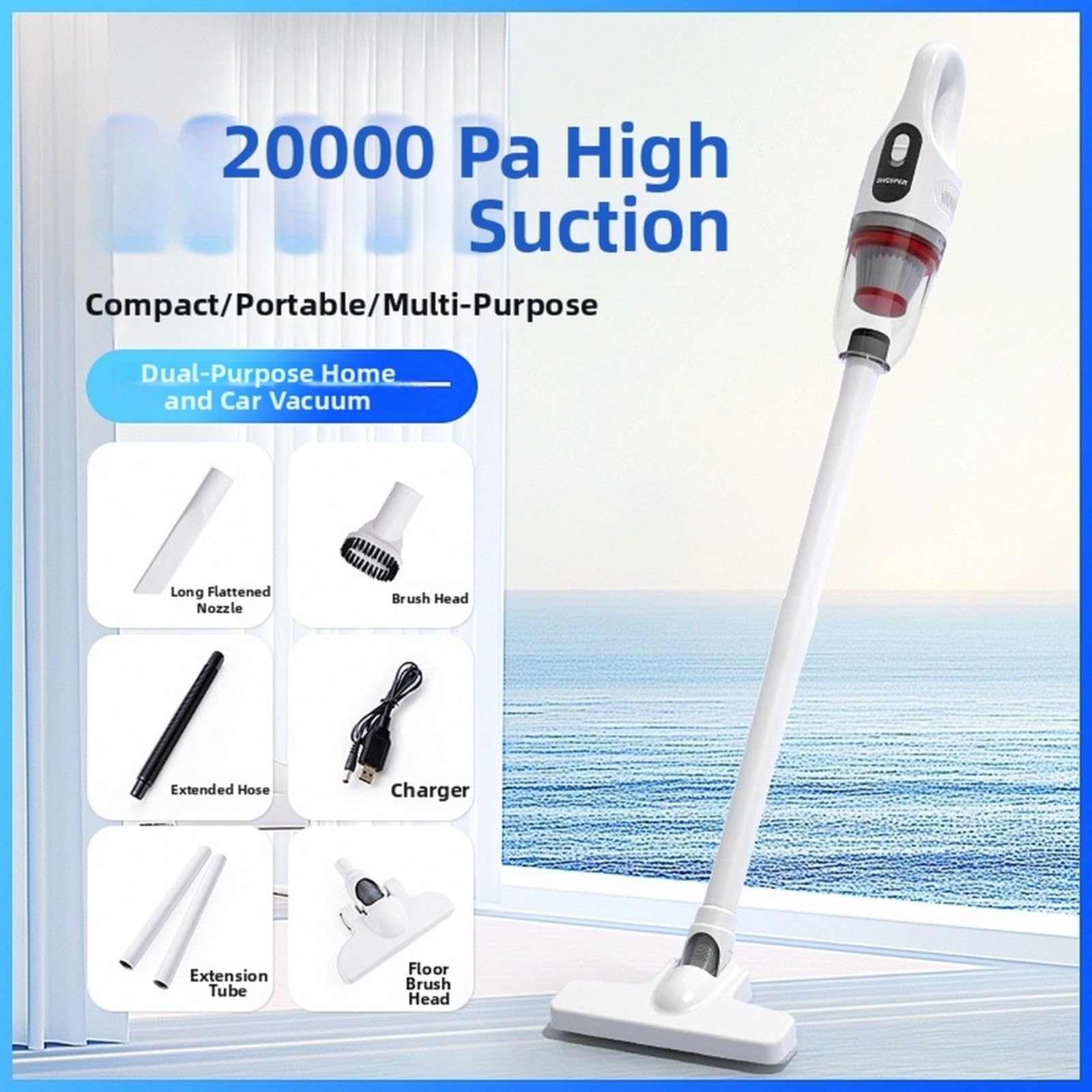 Aspirapolvere senza fili 20000Pa Aspirapolvere Portatile 3 in 1 Spazzola Leggero 0,55 kg per Casa Auto Ufficio Pavimento Divano Bianco 20 Min Runtime