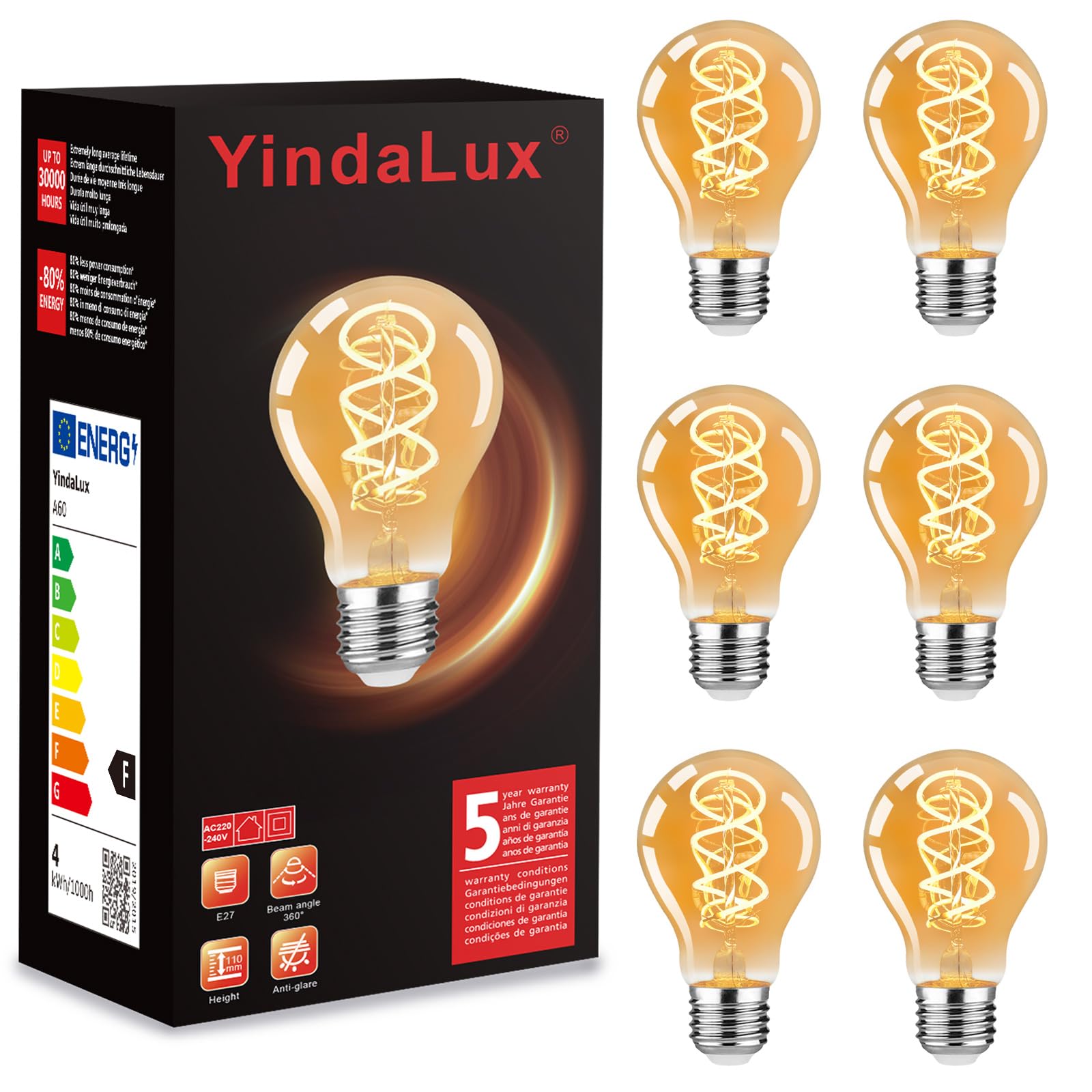 YindaLux Light Bulb E27 LED Warm White 2200 K Filament Lamp Edison Vintage Light Bulb 4 W Energy Saving Lamp Retro Bulb Decoration for Home Café Bar 6 A60