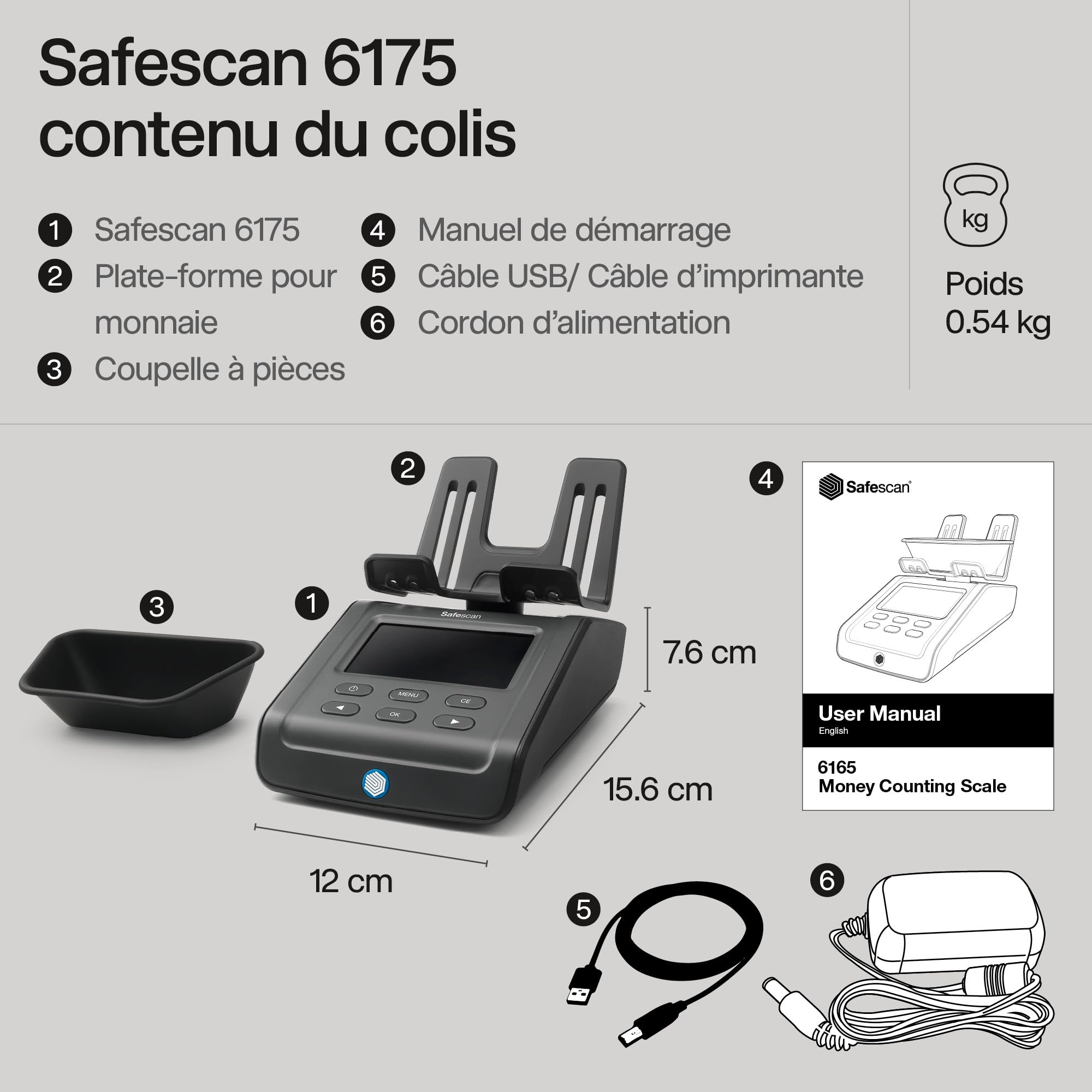 Safescan 6175 compteuse de pièces et billets avec reconnaissance automatique du rouleau de pièces et balance