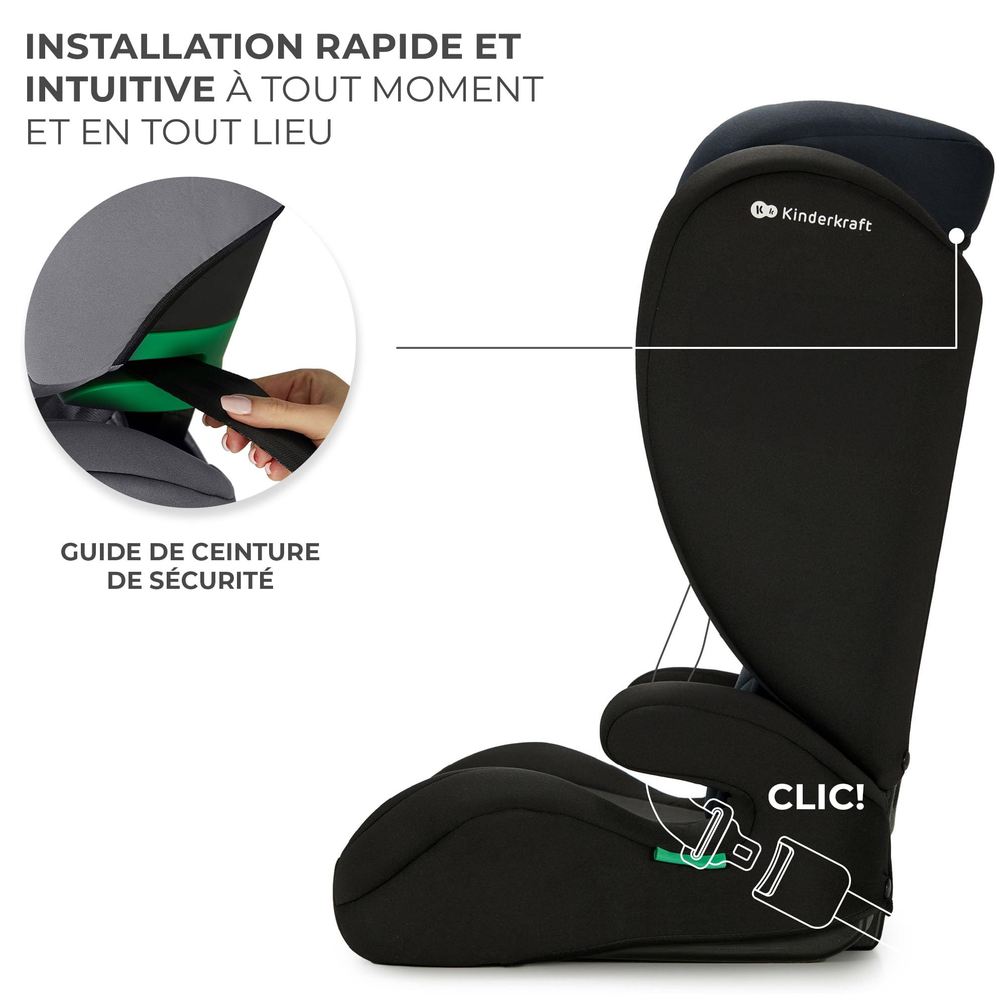Kinderkraft I-SPARK i-Size Siège auto bébé Groupe 2/3 100-150 cm, de 3,5 à 12 ans, 15 à 36 kg, léger (4,85 kg), ceinture de sécurité à 3 points, Protection latérale, Noir