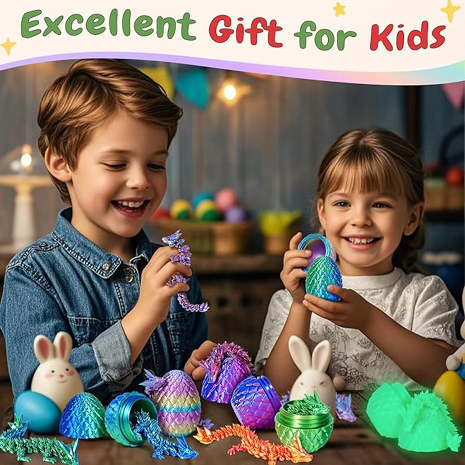 4 Pcs 3D Printed Dragon Egg, 3D Printed Dragon with Egg,Unique 3D Printed Dragon Eggs with 8.7 inch Dragon & 3.35 inch Egg for Flexible Stress Relief Pet Sculpture Easter Basket Filler.
