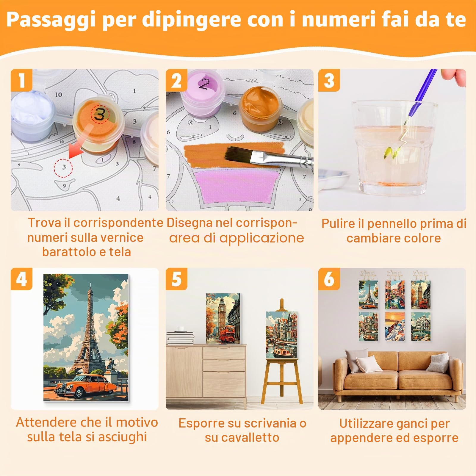 QENSPE 6 Pezzi Kit Dipingere con i Numeri, Tele Tese per Dipingere per Adulti, Pittura a Olio Acrilico per Studenti Principianti Accessori per Feste di Disegno, Paesaggio Urbano Vintage (20x30 cm)