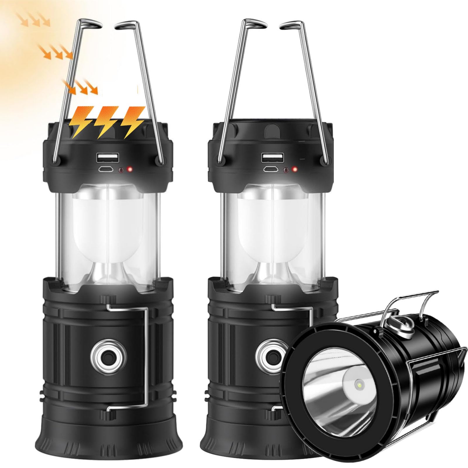 2 PCS Solar Powered Camping Lantern, Flashlight Charging for Phone, USB Rechargeable LED Lantern, Collapsible & Portable for Emergency, Hurricanes, Power Outage, Storm