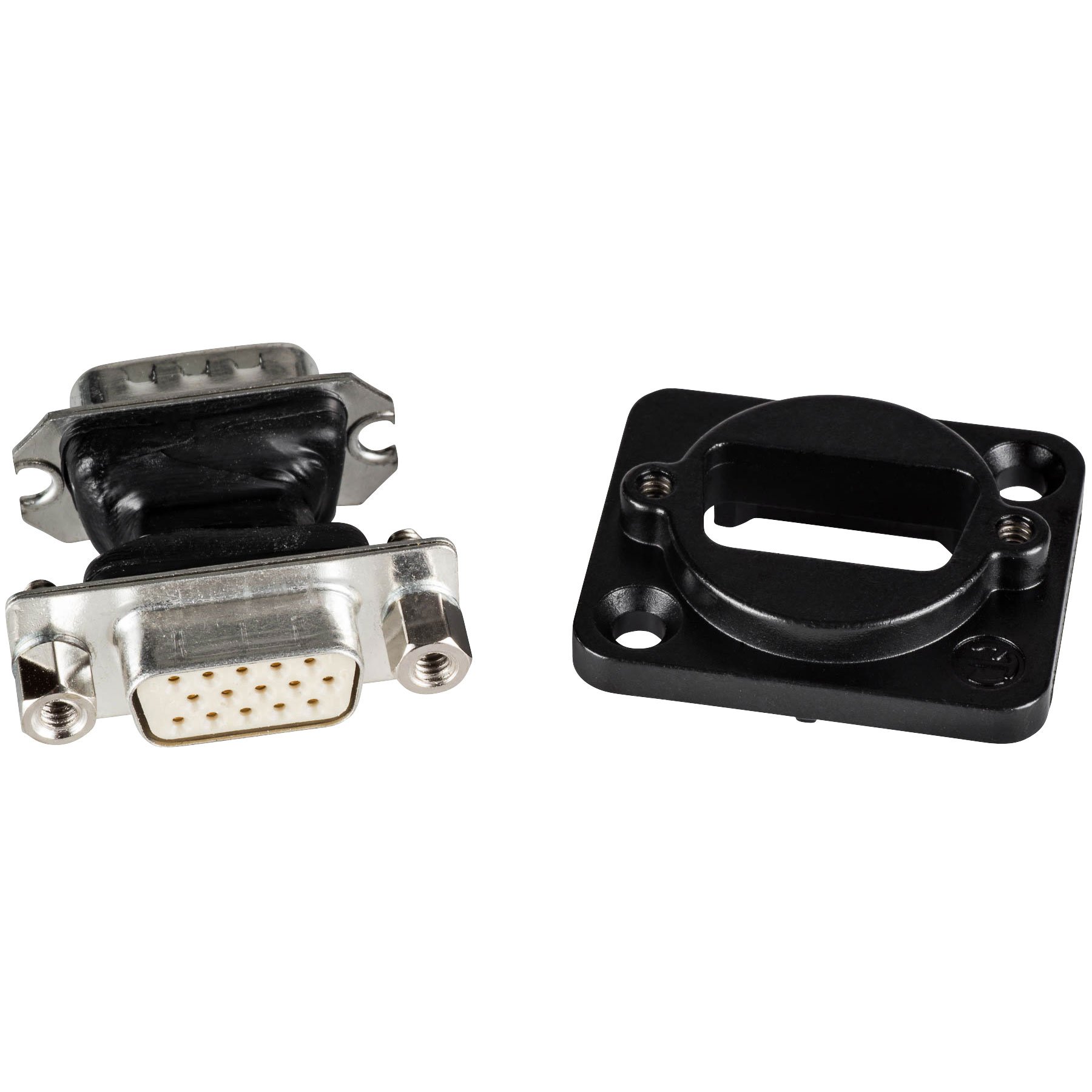 Connettore da pannello D-SUB 15 poli passante, male/female, flangia D-shape, corpo nero