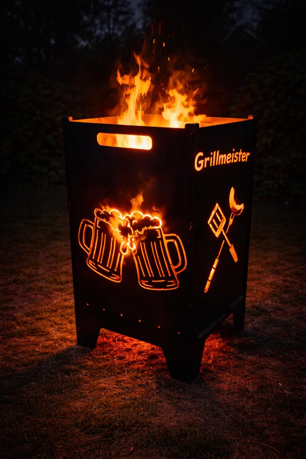 Lehnert Feuertonne Bier 74 cm aus 3 mm Stahlblech personalisiert Feuerkorb Feuerschale Feuerstelle mit Bierkrügen und Grillzubehör, große Massive und Feuerfeste Feuerstelle für Garten und Terrasse